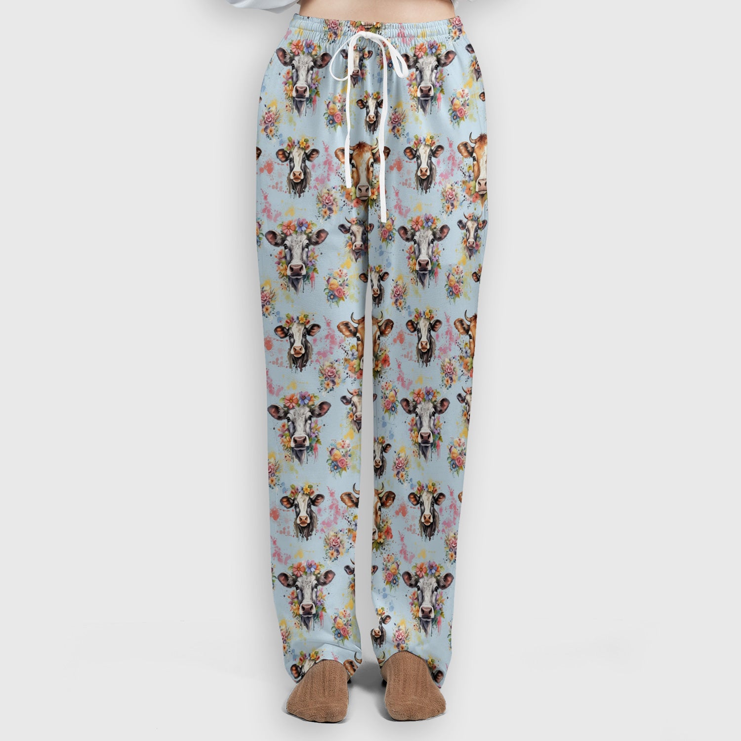 Cute Floral Cow Farm Animal Pattern Scrub Set, Scrub Pants and V Neck Top