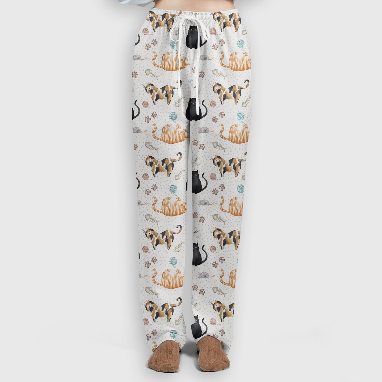 Cute Cat Yarn Paw Pattern Scrub Set, Scrub Pants and V Neck Top