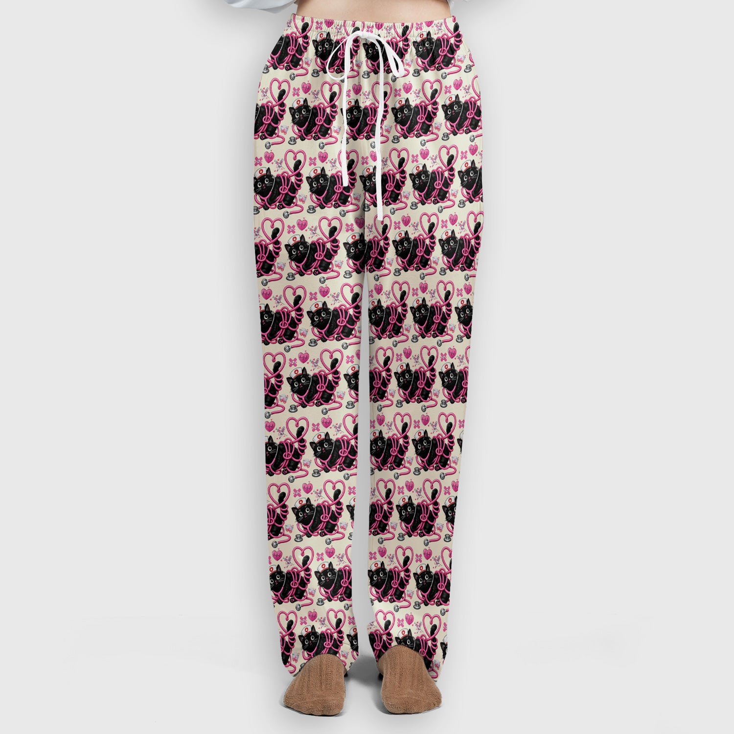 Valentine Cute Cat Nurse Heart Print Women's Scrub Set, Breathable Med Uniform