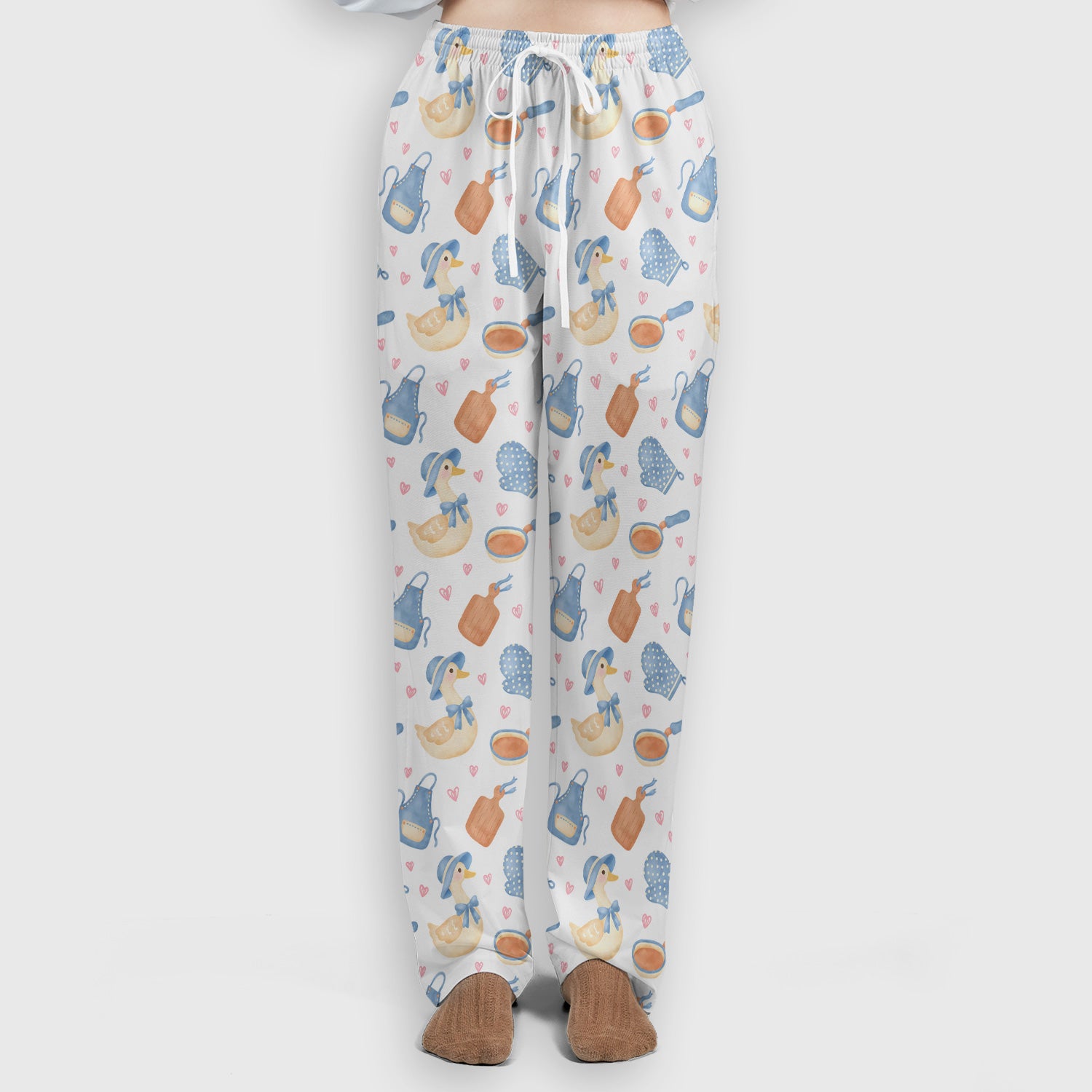 Duck Apron Kitchen Utensil Heart Pattern Scrub Set, Scrub Pants and V Neck Top