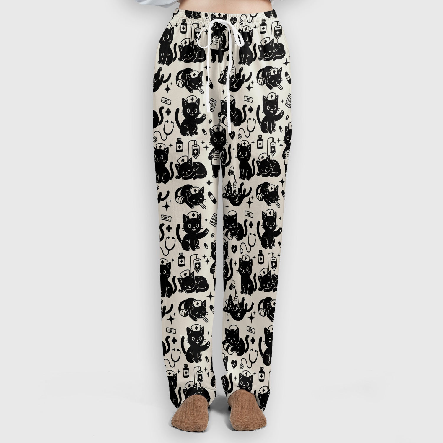 Cute Black Cat Nurse Pattern Scrub Set, Breathable Med Uniform