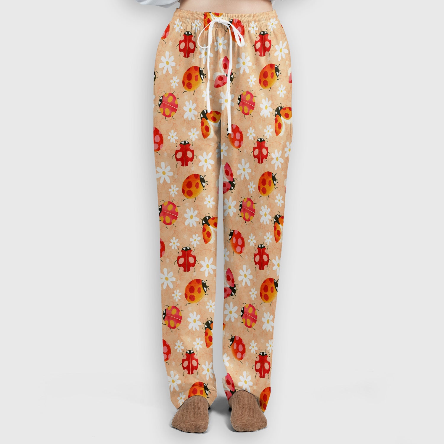 Ladybug Daisy Floral Pattern Scrub Set, Scrub Pants and V Neck Top