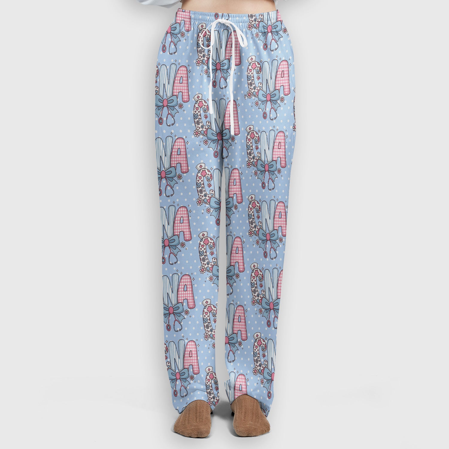 Cute CNA Floral Bow Pattern Scrub Set, Scrub Pants and V Neck Top, Breathable Med Uniform