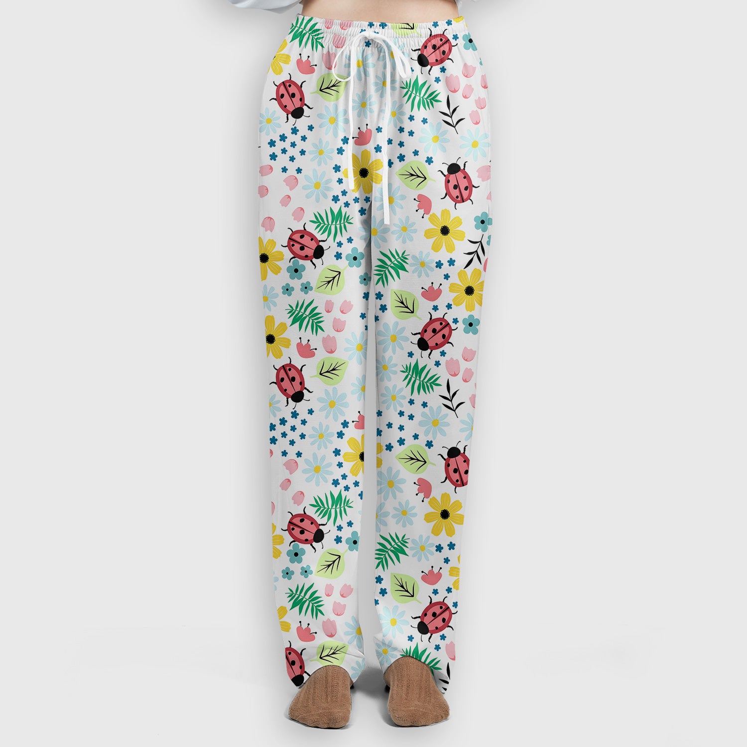 Cute Ladybug Floral Garden Print Scrub Set, Scrub Pants and V Neck Top