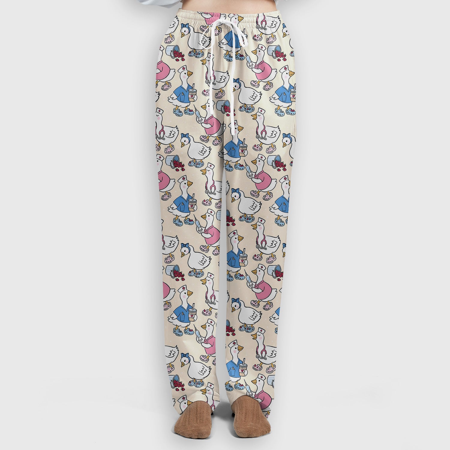 Cute Nurse Goose Cartoon Pattern Scrub Set, Scrub Pants and V Neck Top