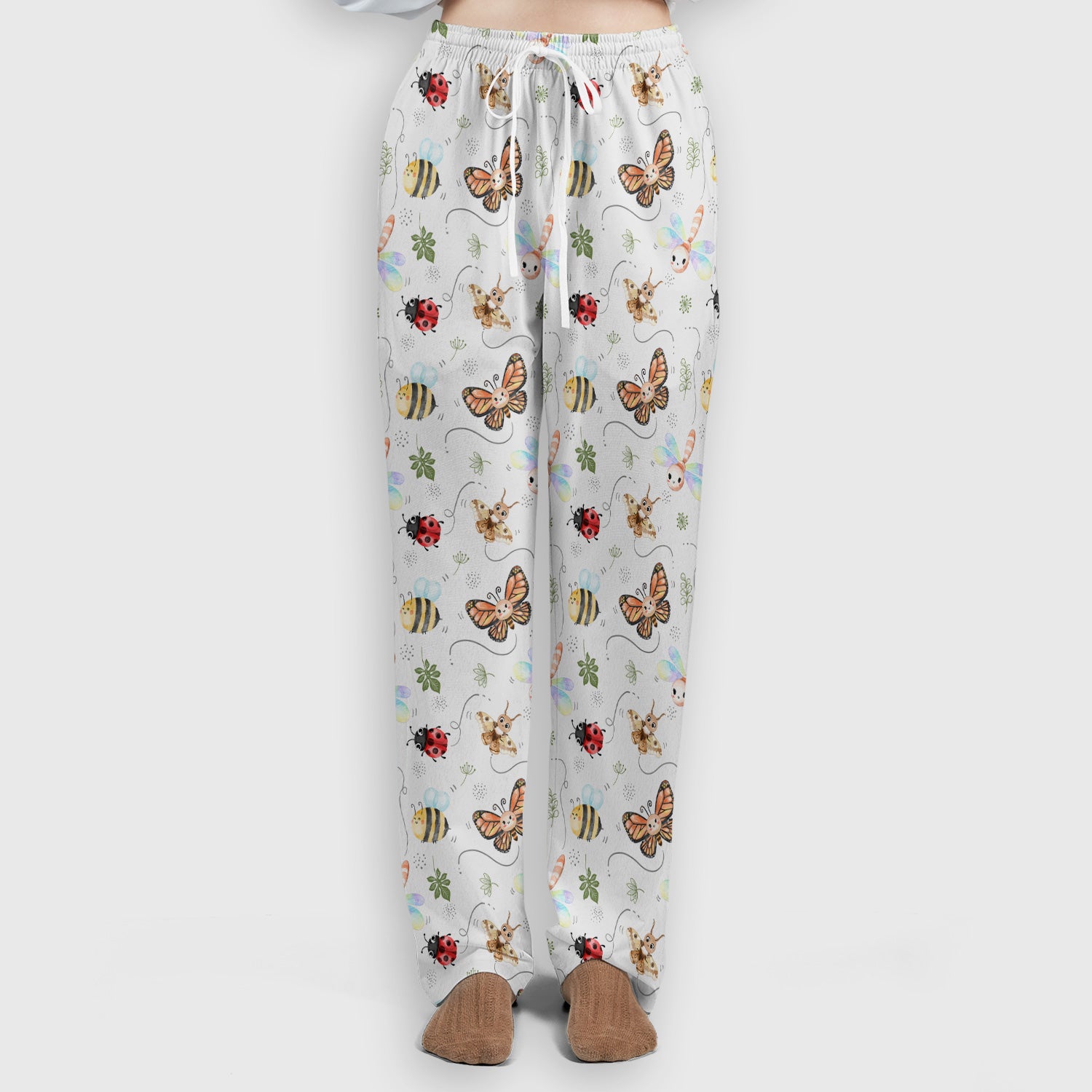 Colorful Garden Insect Pattern Scrub Set, Scrub Pants and V Neck Top