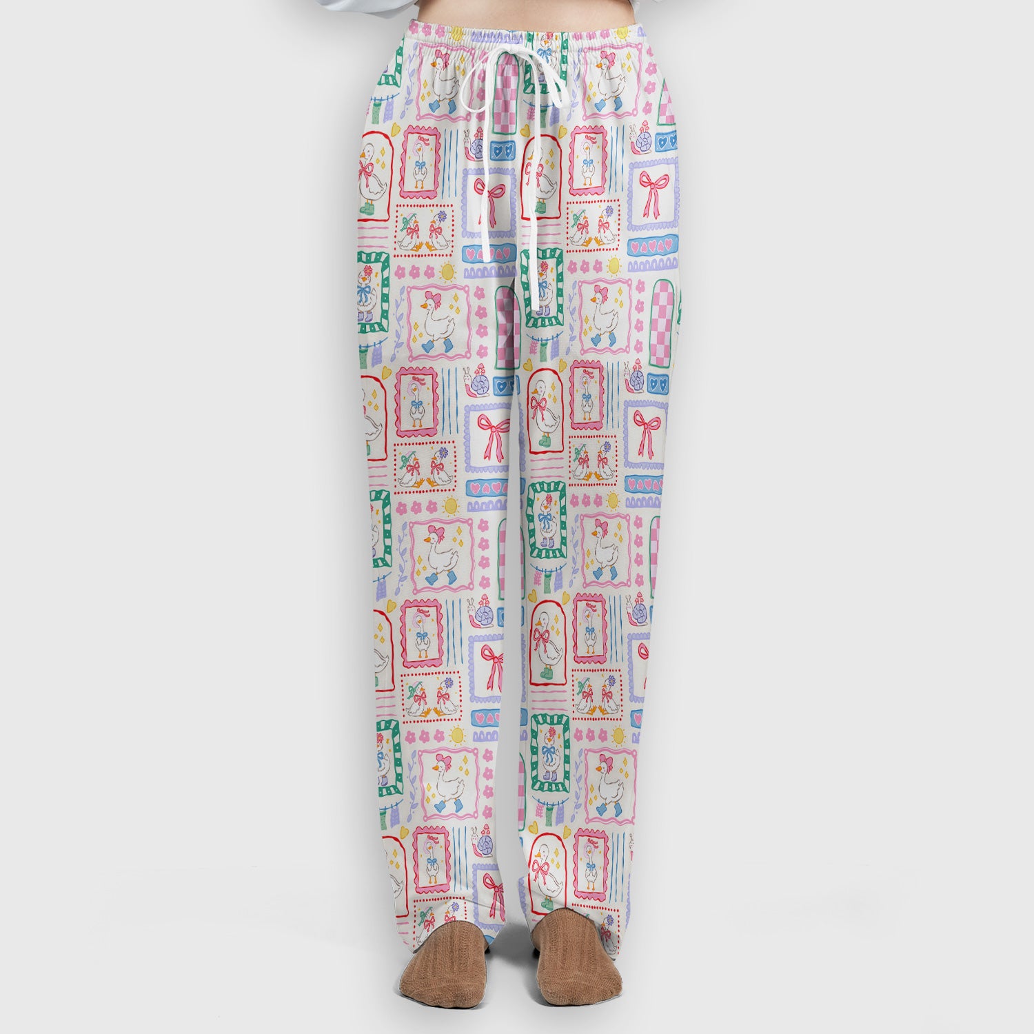 Adorable Nurse Goose Ribbon Patchwork Frame Pattern Scrub Set, Scrub Pants and V Neck Top