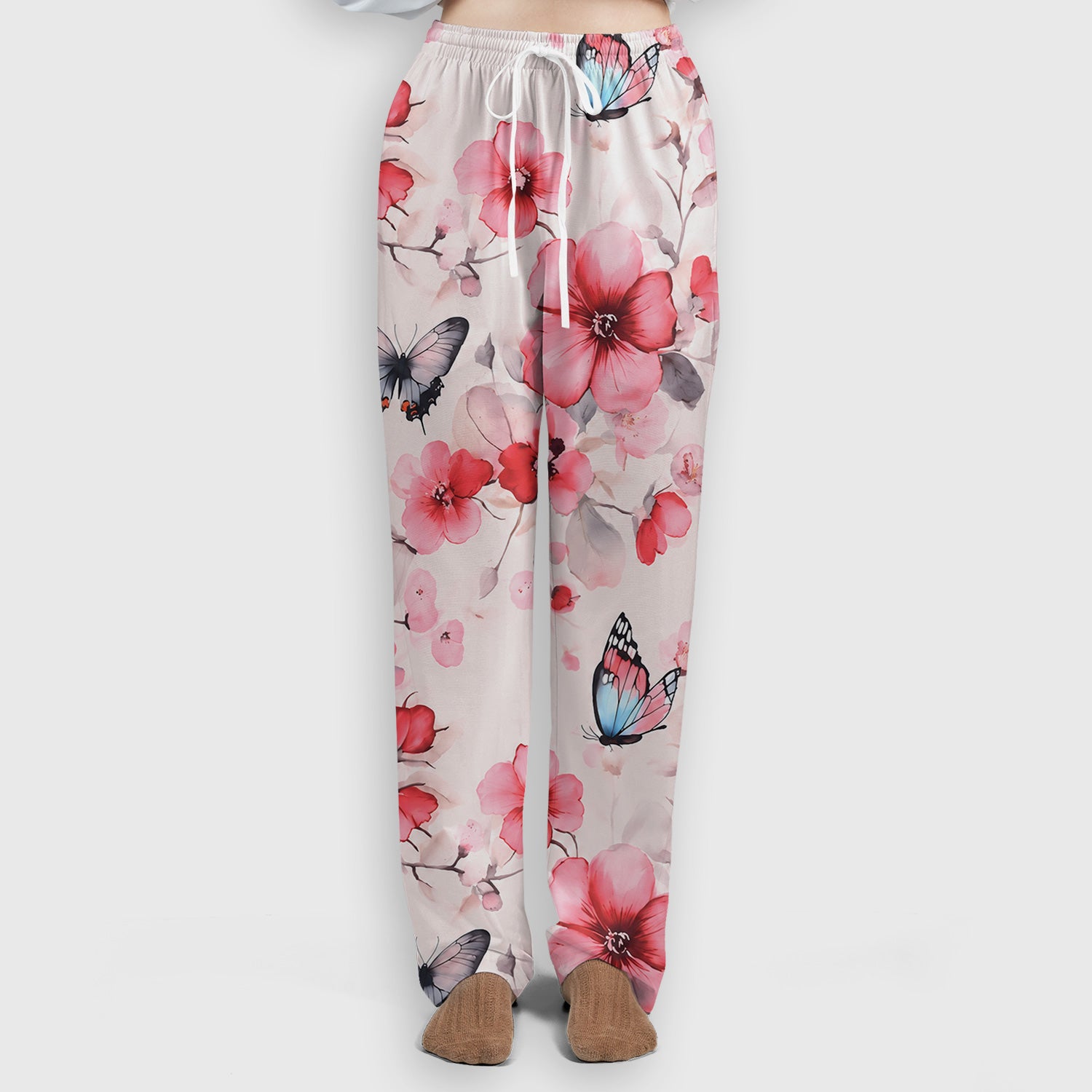 Pink Butterfly Blossom Pattern Scrub Set, Scrub Pants and V Neck Top