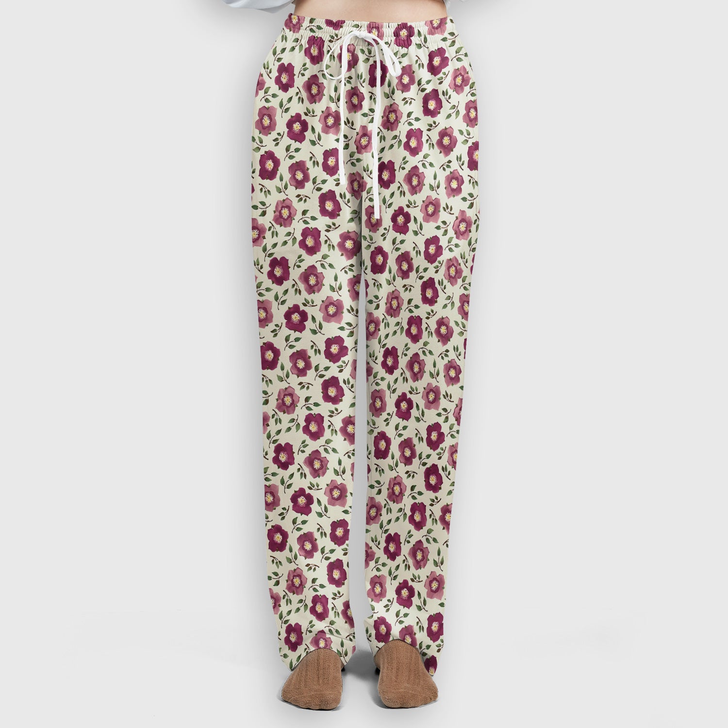 Purple Floral Blossom Leaf Pattern Scrub Set, Scrub Pants and V Neck Top