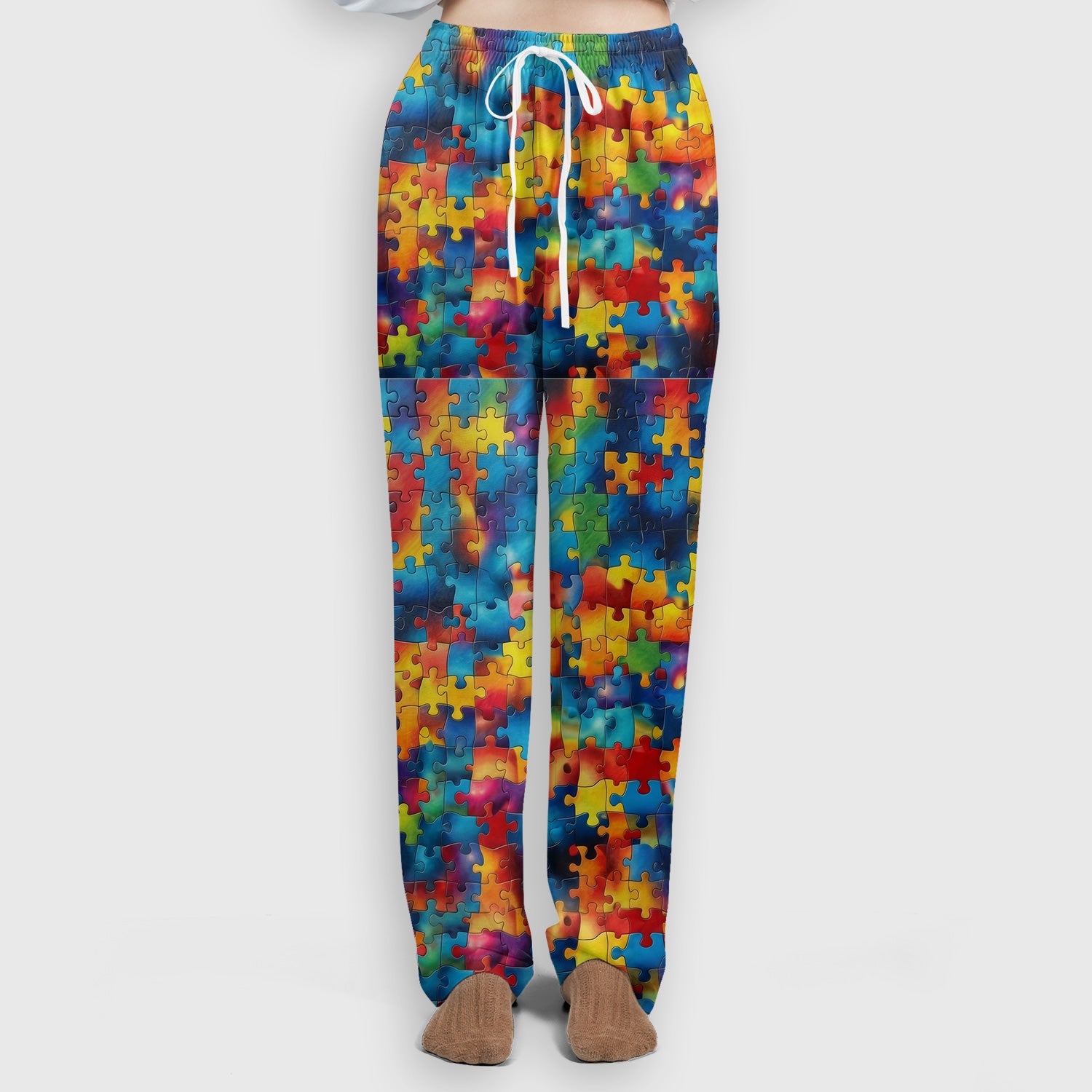 Bright Rainbow Puzzle Piece Art Scrub Set, Scrub Pants and V Neck Top