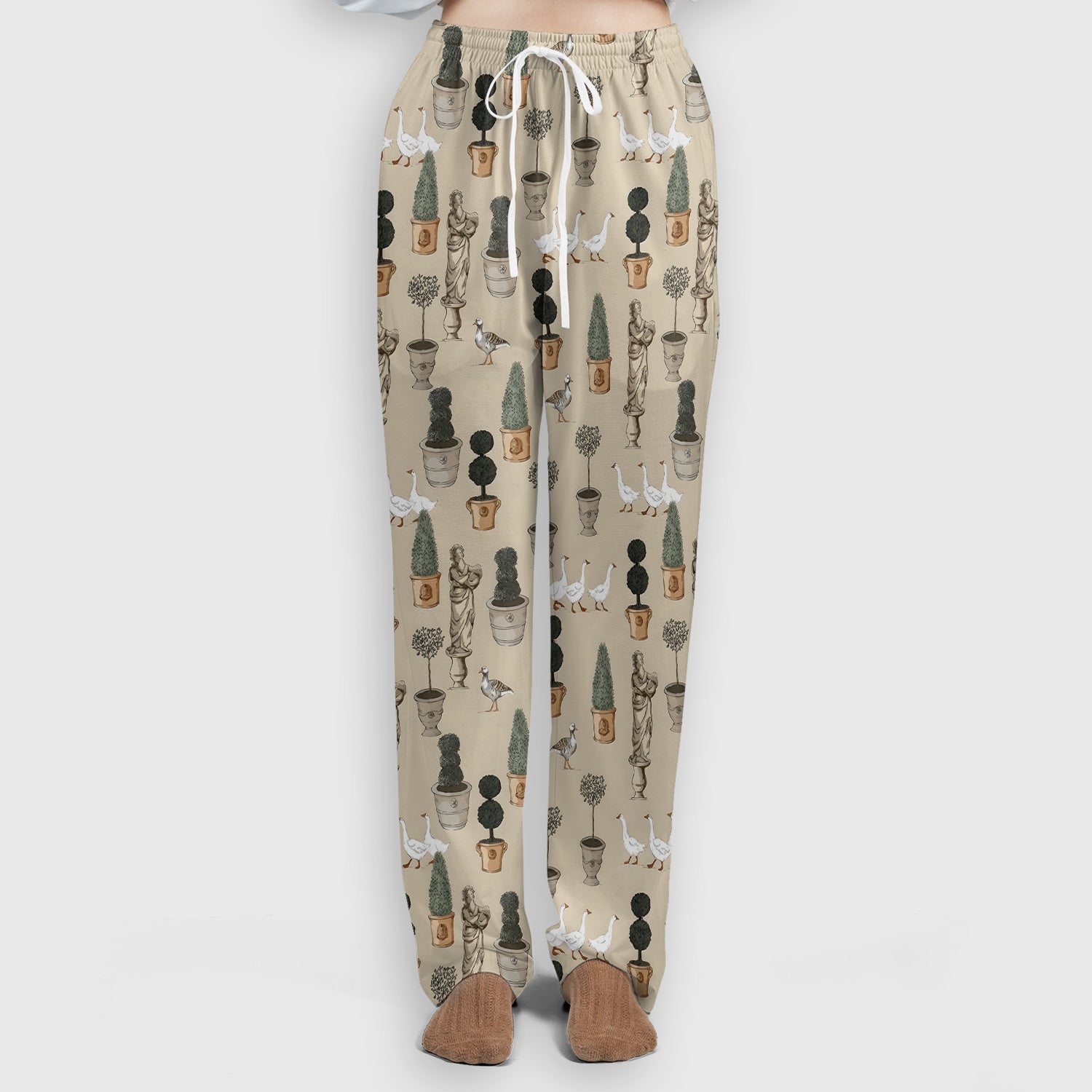 Vintage Garden Statue Topiary Goose Bird Pattern Scrub Set, Scrub Pants and V Neck Top