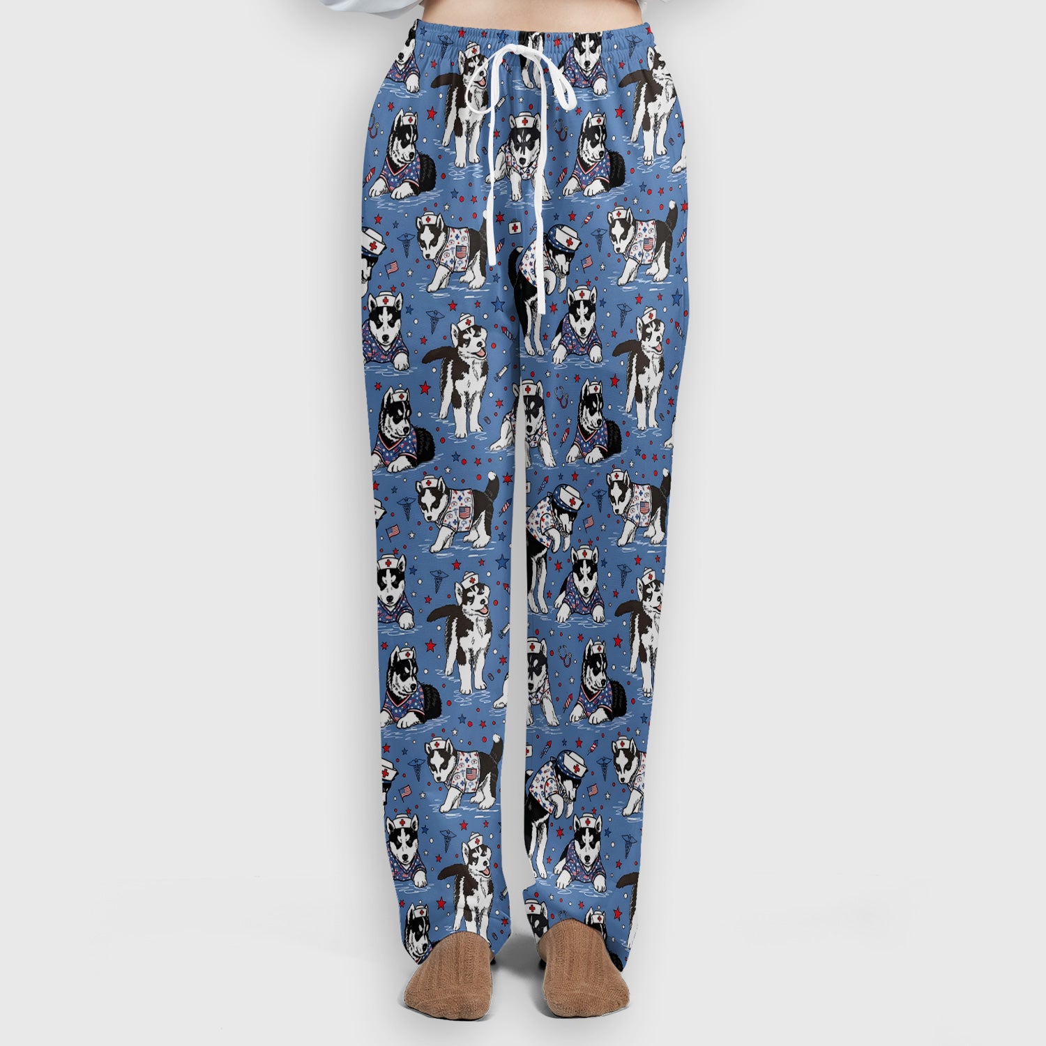 Cute Nurse Husky Dog Medical Pattern Scrub Set, Scrub Pants and V Neck Top