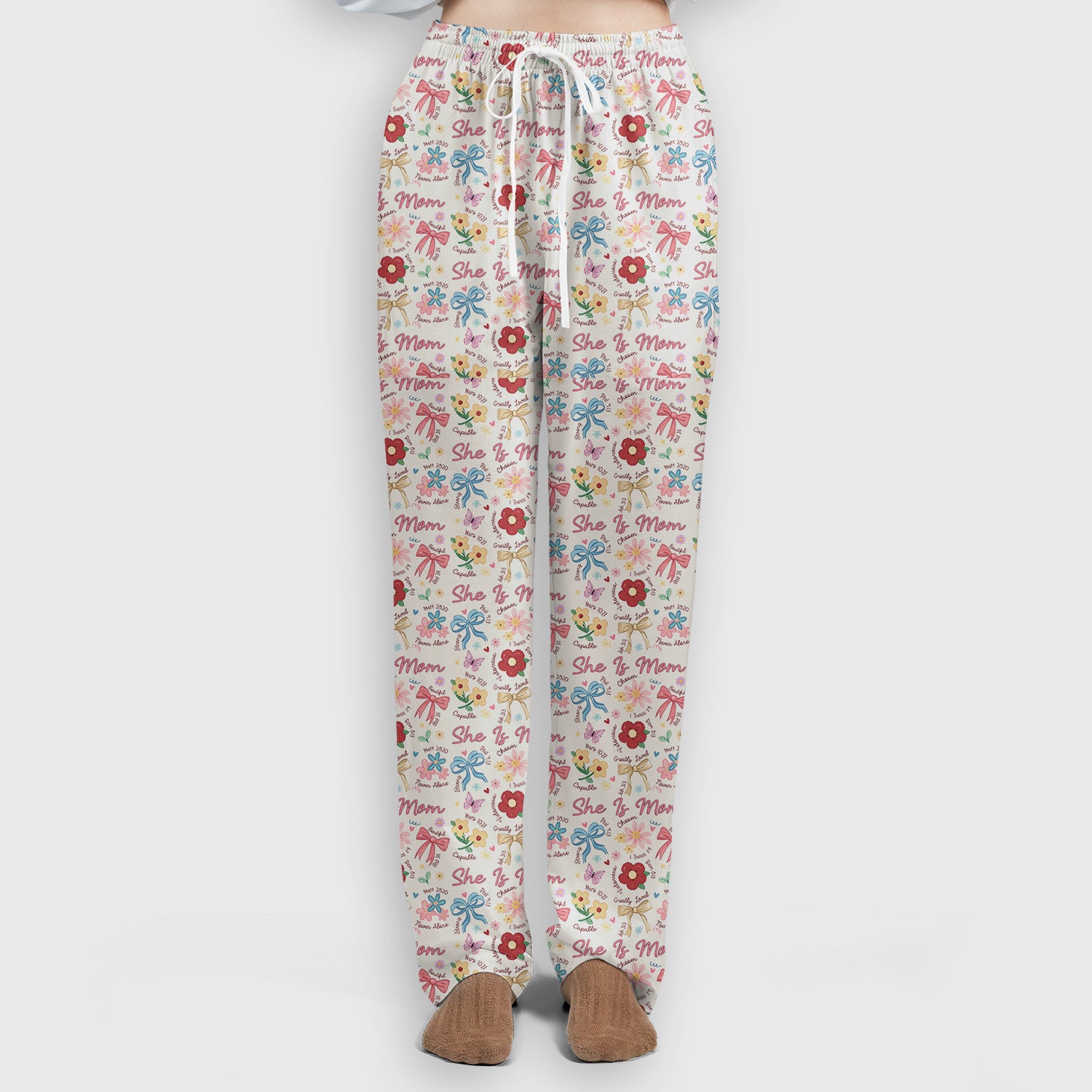 She Is Mom Flower Bow Pattern Scrub Set, Scrub Pants and V Neck Top