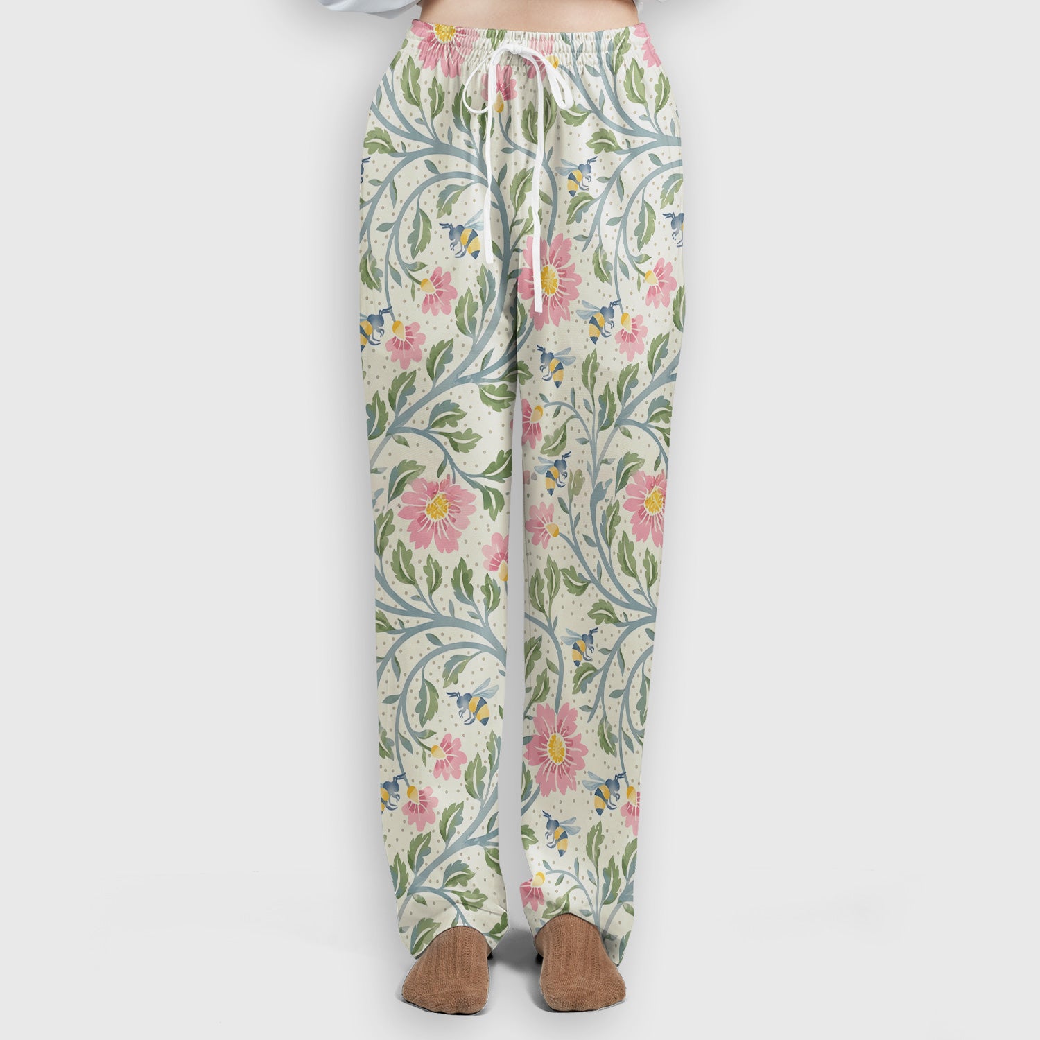 Cute Floral Bee Garden Nurse Pattern Scrub Set, Scrub Pants and V Neck Top