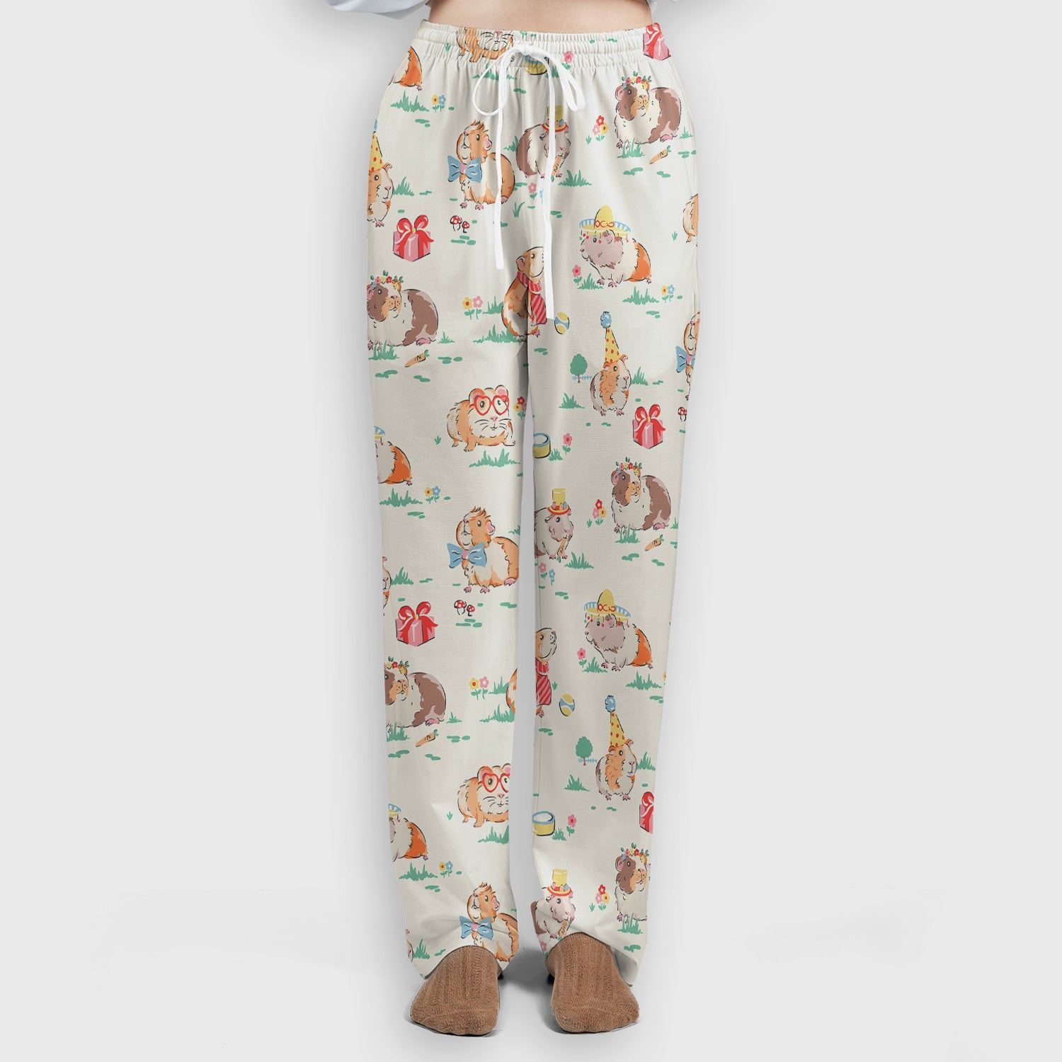 Cute Guinea Pig Party Nurse Pattern Scrub Set, Scrub Pants and V Neck Top