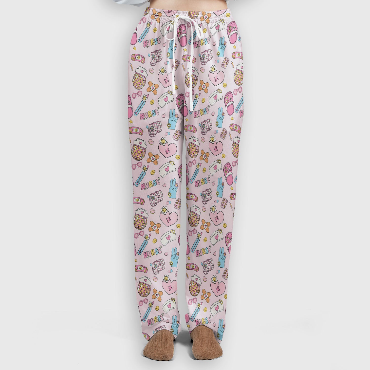 Cute Nurse Pink Medical Tools Pattern Scrub Set, Scrub Pants and V Neck Top