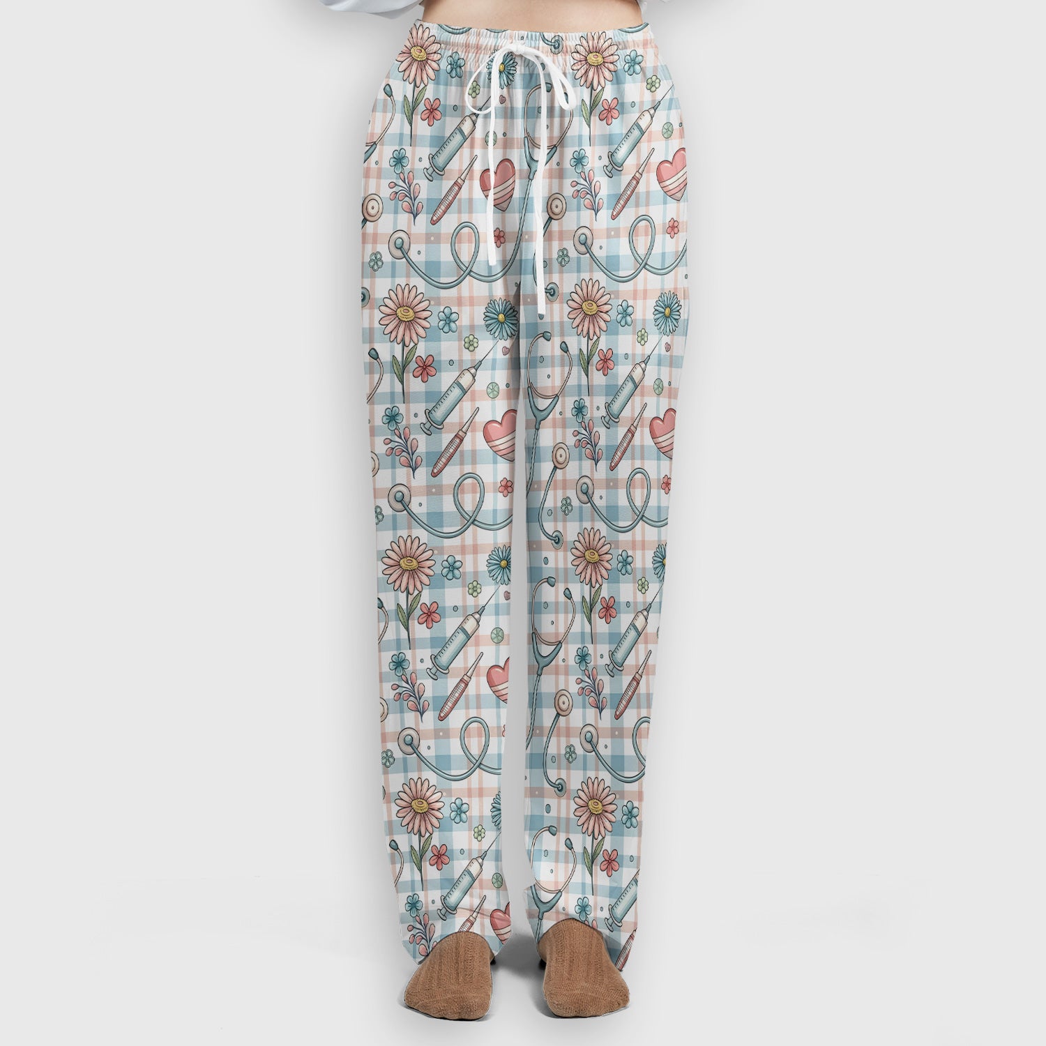 Stethoscope Heart Syringe Floral Plaid Pattern Scrub Set, Scrub Pants and V Neck Top