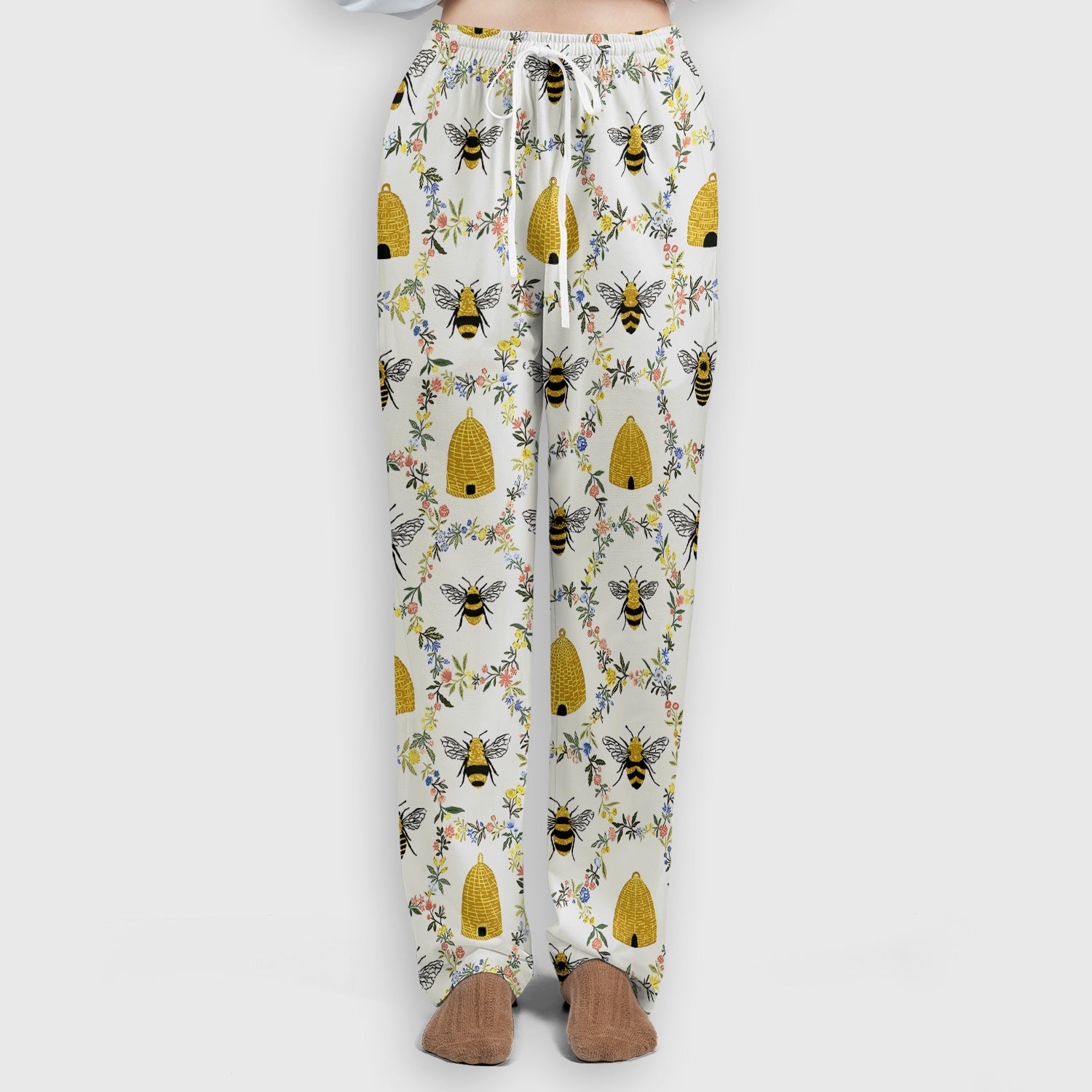 Honey Bee Beehive Floral Pattern Scrub Set, Scrub Pants and V Neck Top