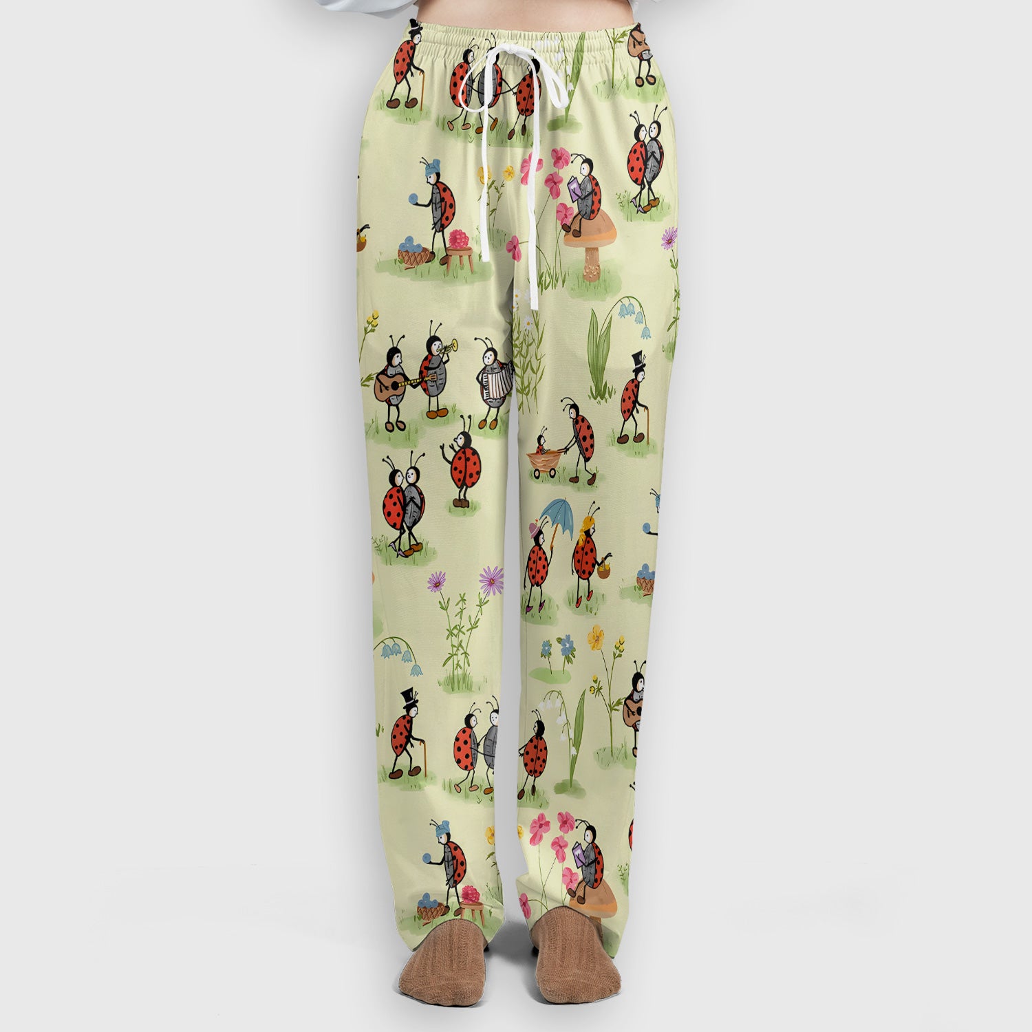Whimsical Ladybug Garden Activity Pattern Scrub Set, Scrub Pants and V Neck Top
