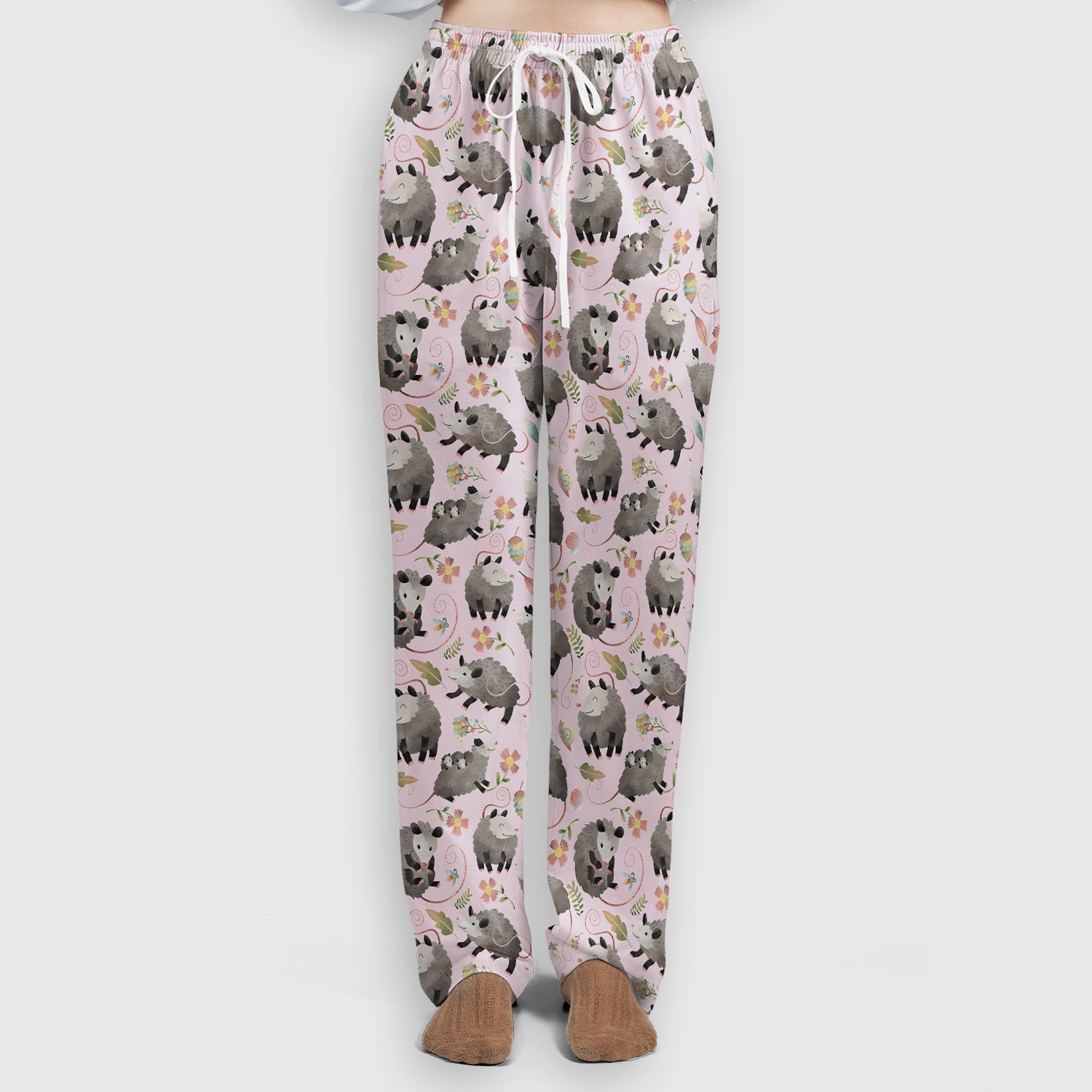 Cute Opossum Playing Flower Garden Pattern Scrub Set, Scrub Pants and V Neck Top