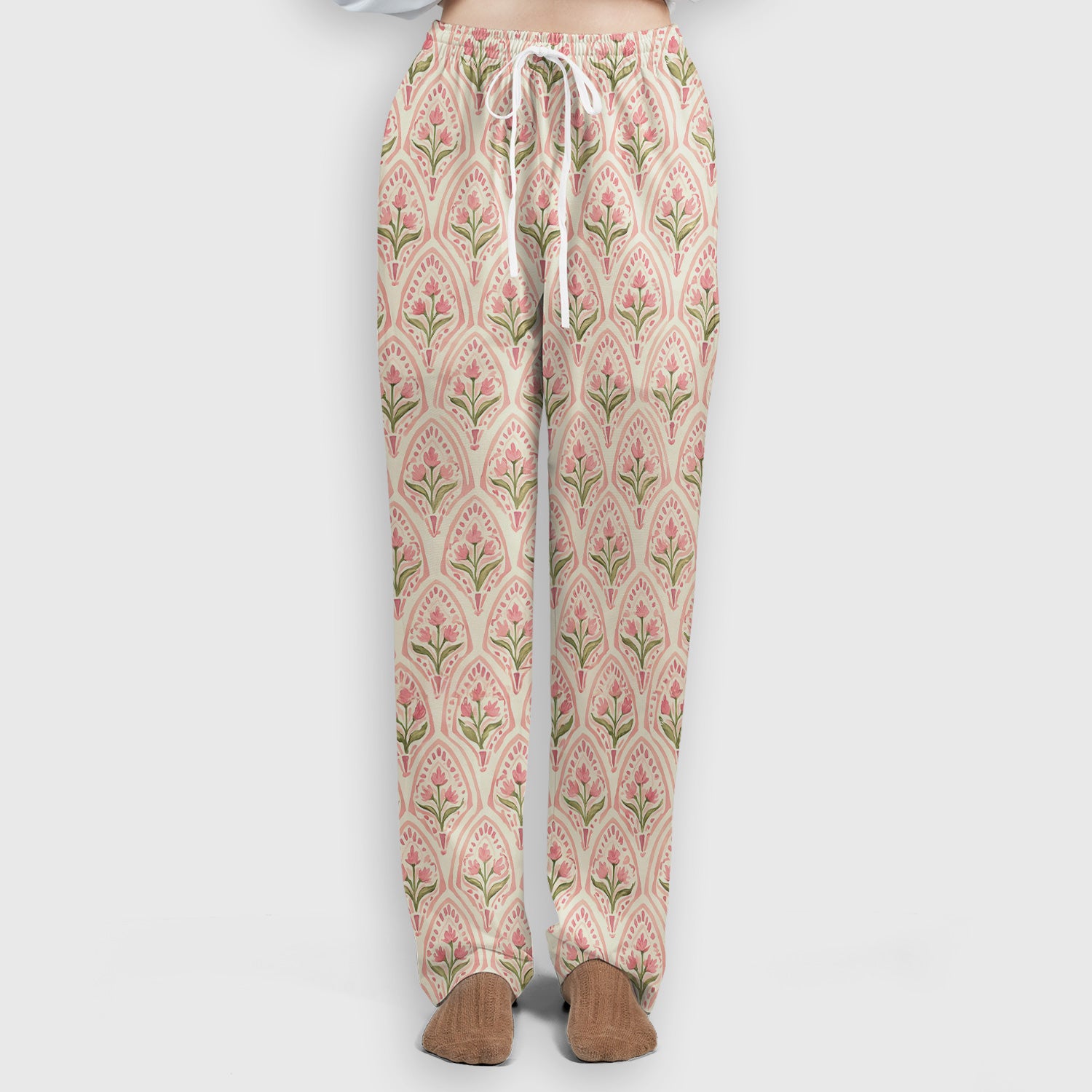 Pink Tulip Floral Arch Pattern Scrub Set, Scrub Pants and V Neck Top