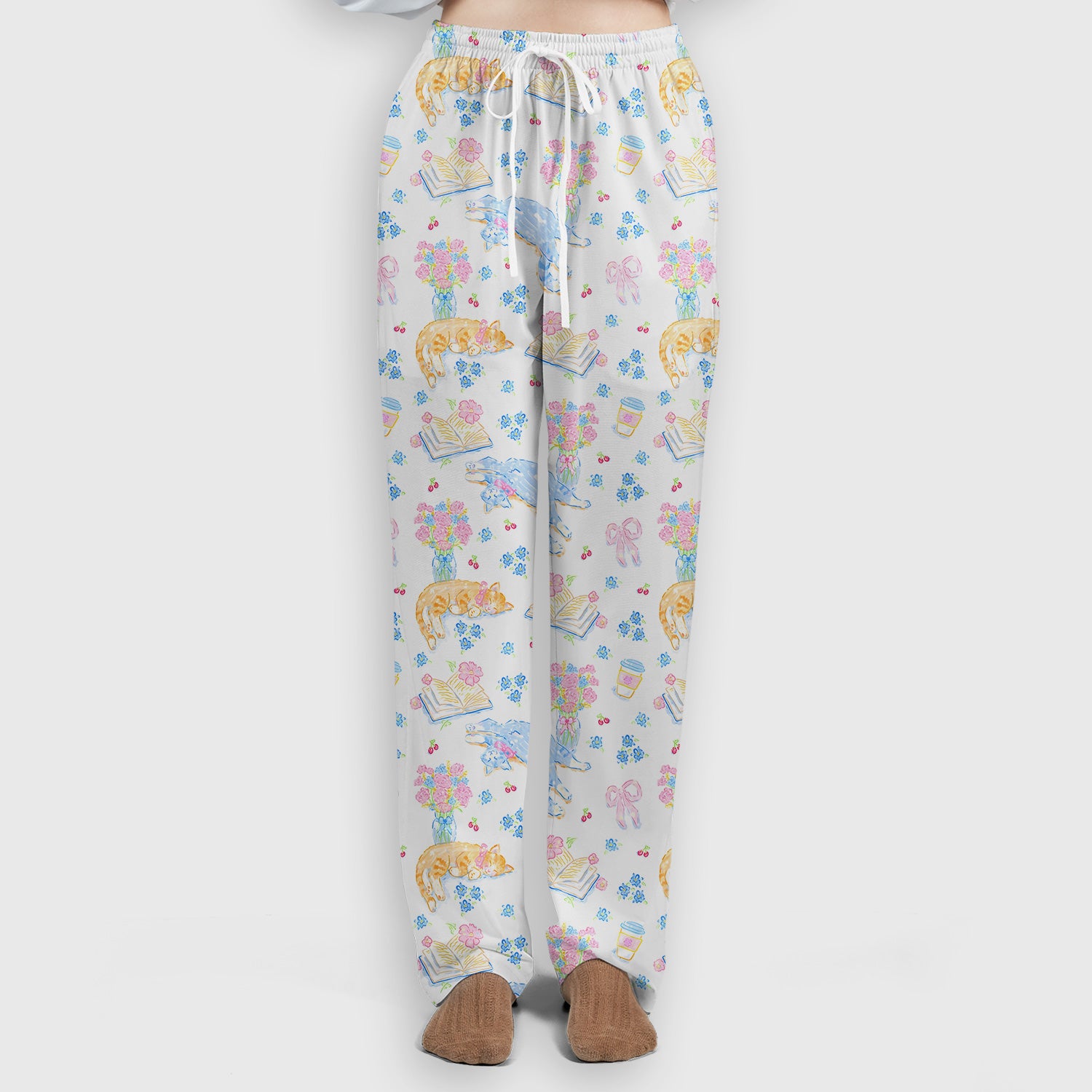 Cute Cats Reading Floral Books Pattern Scrub Set, Scrub Pants and V Neck Top