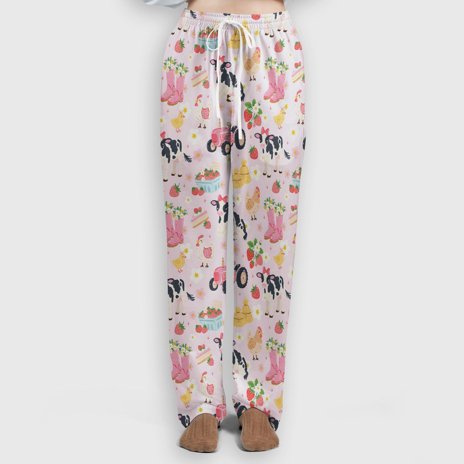 Cute Farm Animals & Strawberry Garden Pattern Scrub Set, Scrub Pants and V Neck Top