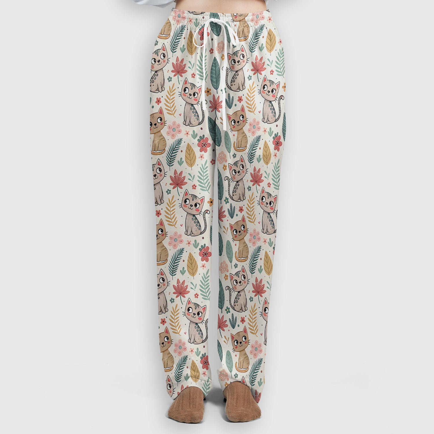 Cute Cartoon Cat Floral Leaf Pattern Scrub Set, Scrub Pants and V Neck Top