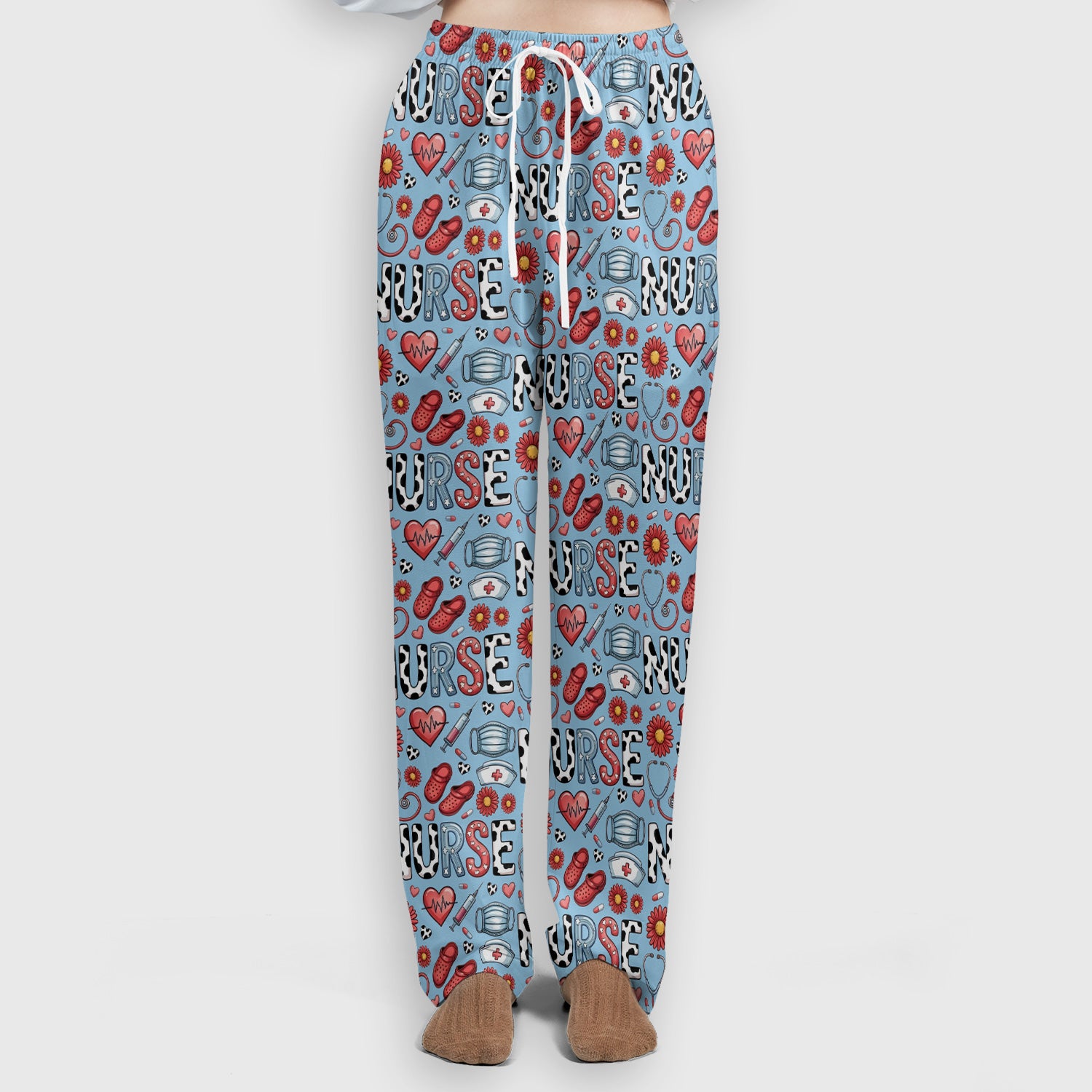 Cute Nurse Medical Icon Pattern Scrub Set, Scrub Pants and V Neck Top