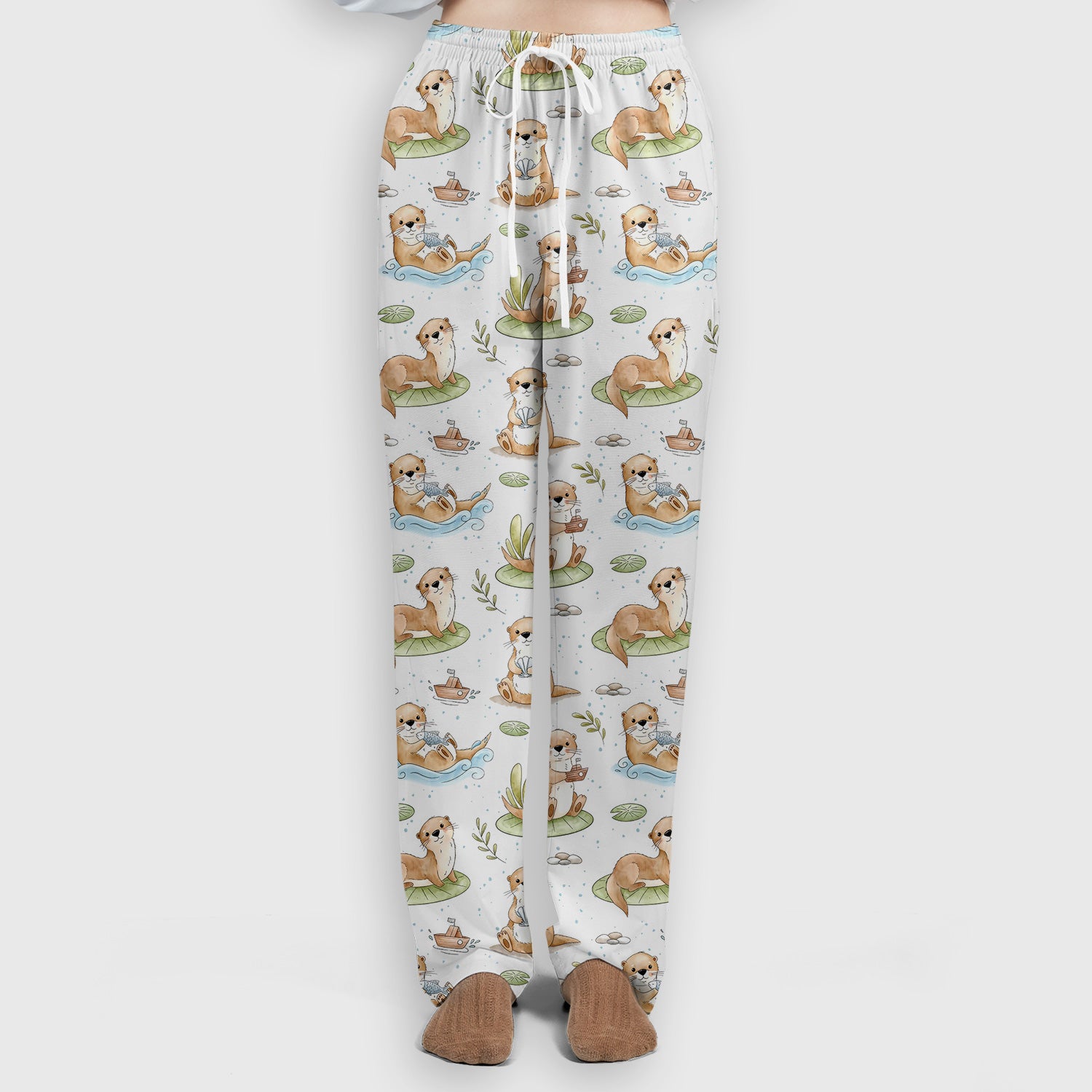 Cute Otter With Lily Pad Pattern Scrub Set, Scrub Pants and V Neck Top
