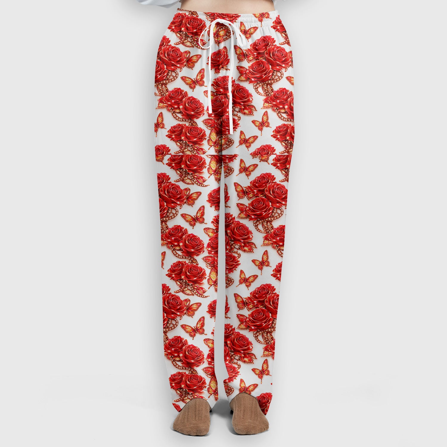 Red Rose and Butterfly Pattern Scrub Set, Comfortable Scrub Pants and V Neck Top for Nurses
