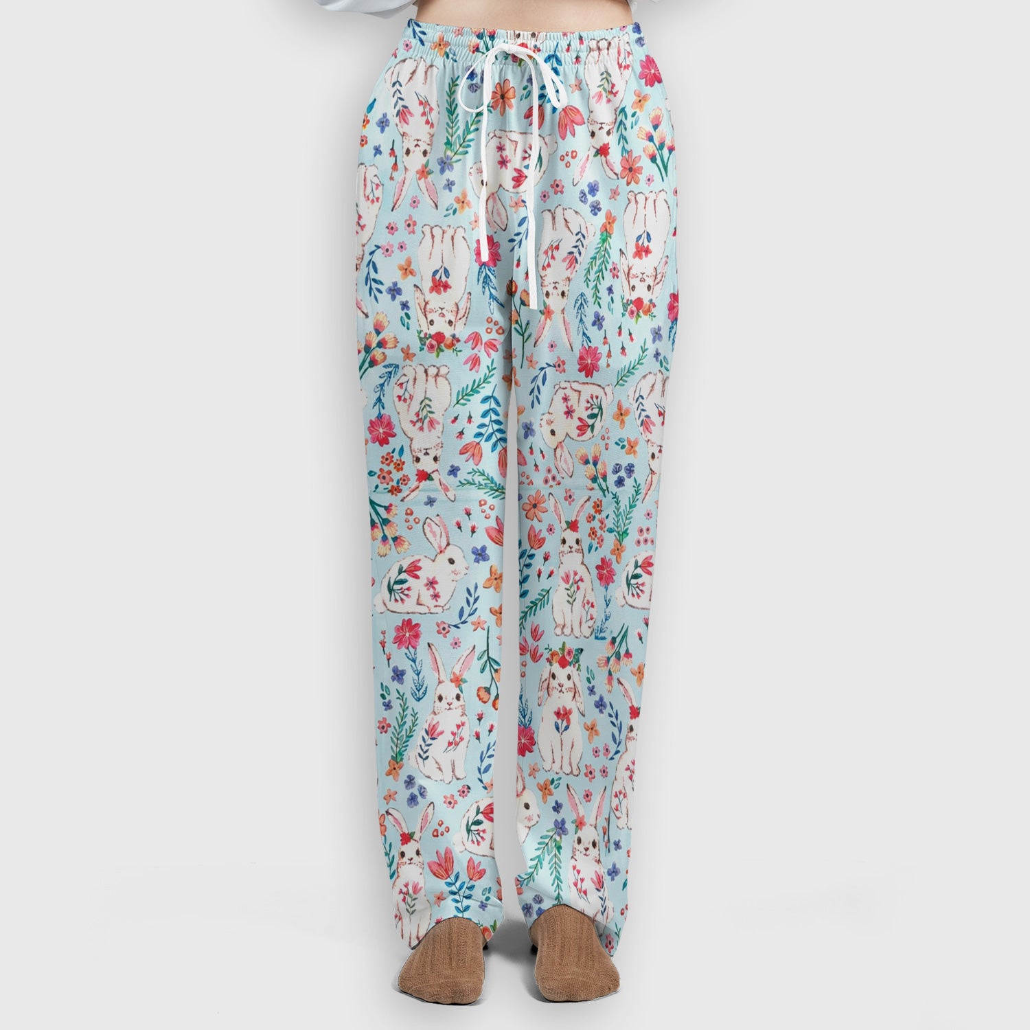 Springtime Bunny Floral Pattern Scrub Set, Scrub Pants and V Neck Top