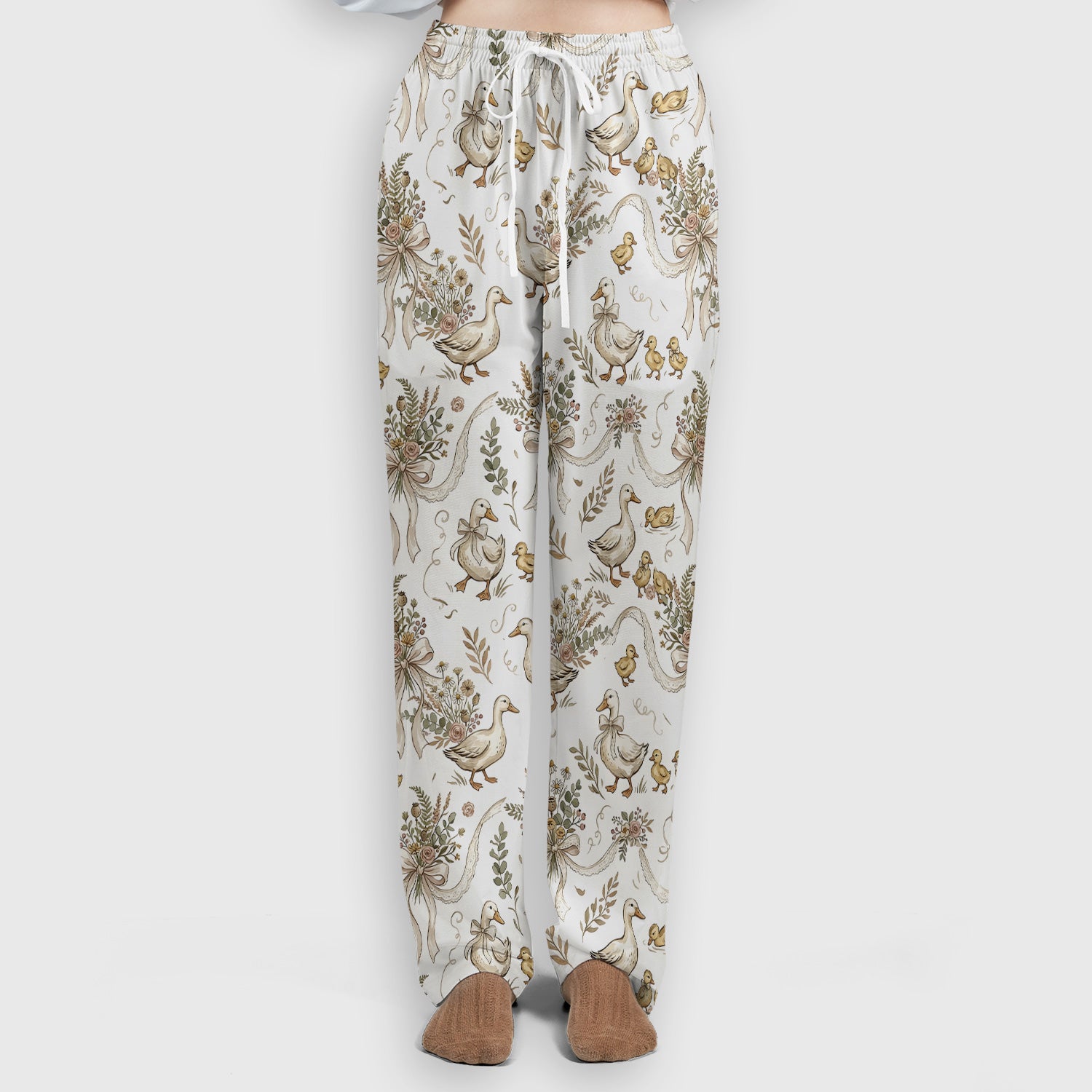 Vintage Duck Family Ribbon Floral Pattern Nurse Scrub Set, Scrub Pants and V Neck Top