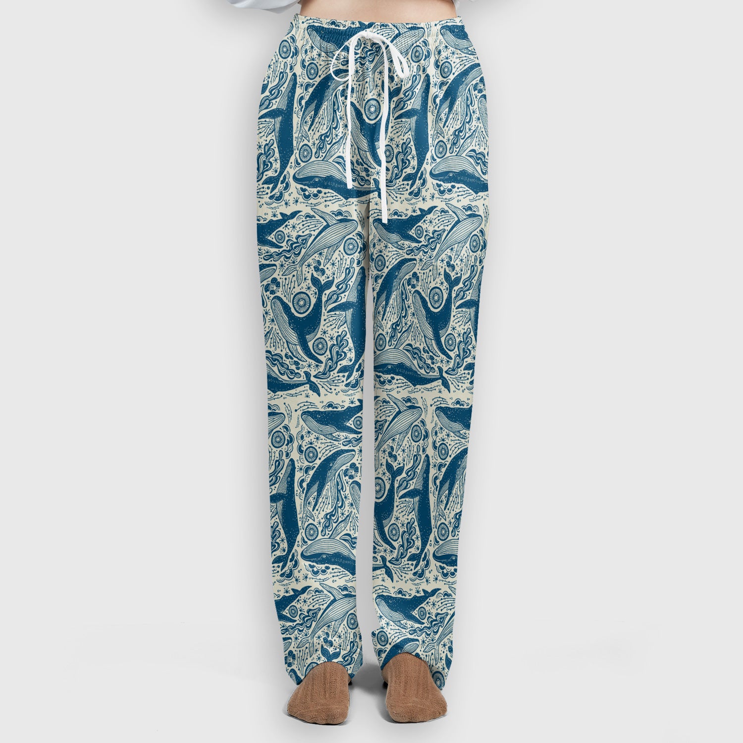 Blue Whale Ocean Pattern Scrub Set, Scrub Pants and V Neck Top