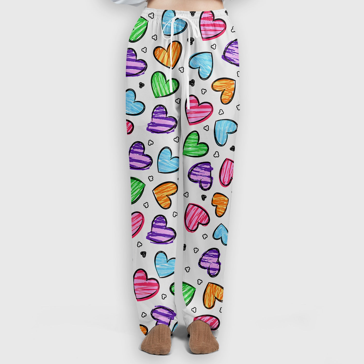 Colorful Doodle Heart Pattern Scrub Set, Scrub Pants and V Neck Top