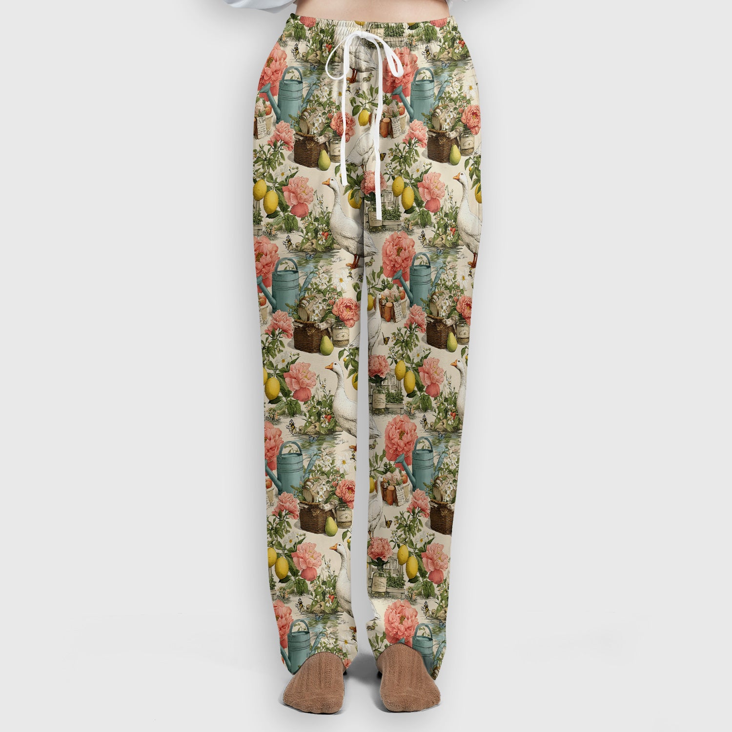Vintage Goose Garden Floral Pattern Scrub Set, Scrub Pants and V Neck Top