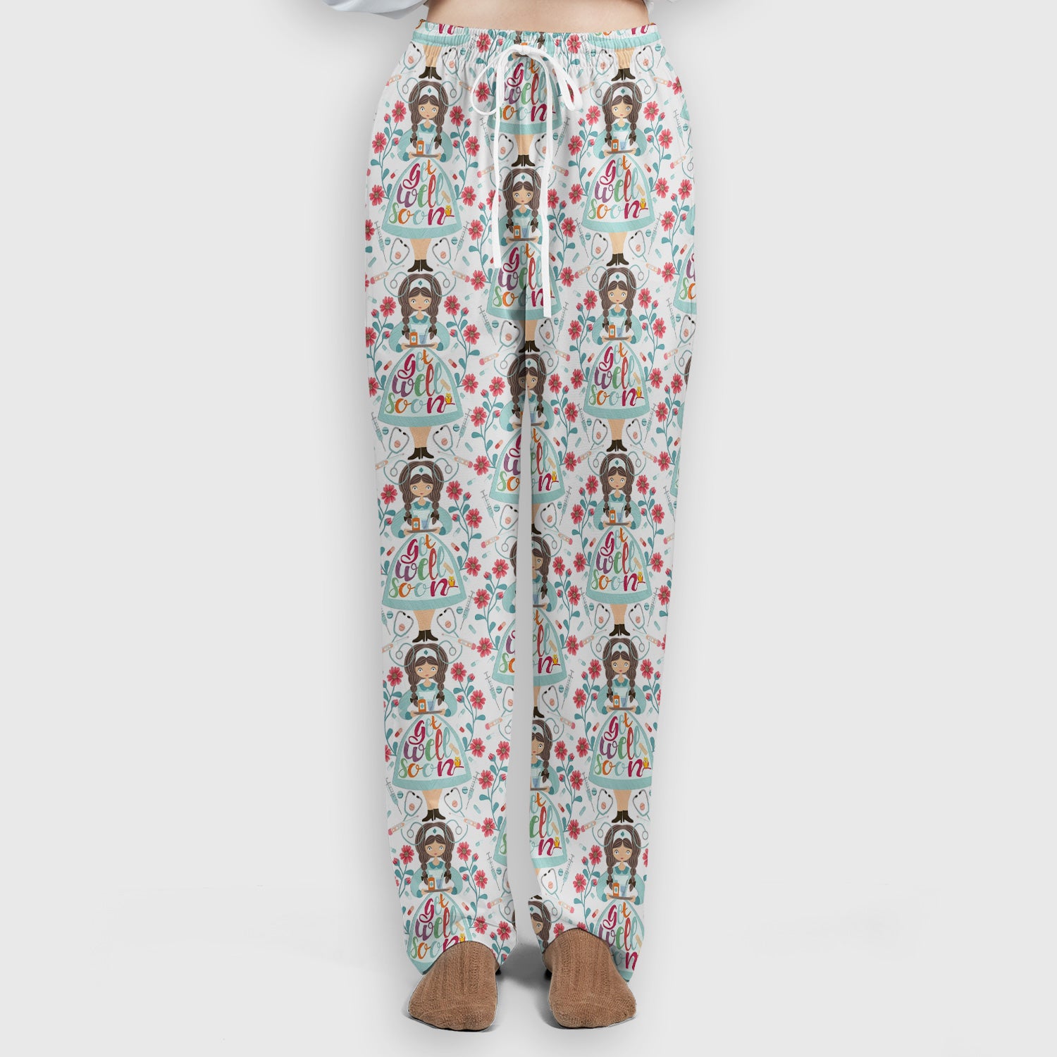 Get Well Soon Girl Floral Caring Pattern Scrub Set, Scrub Pants and V Neck Top