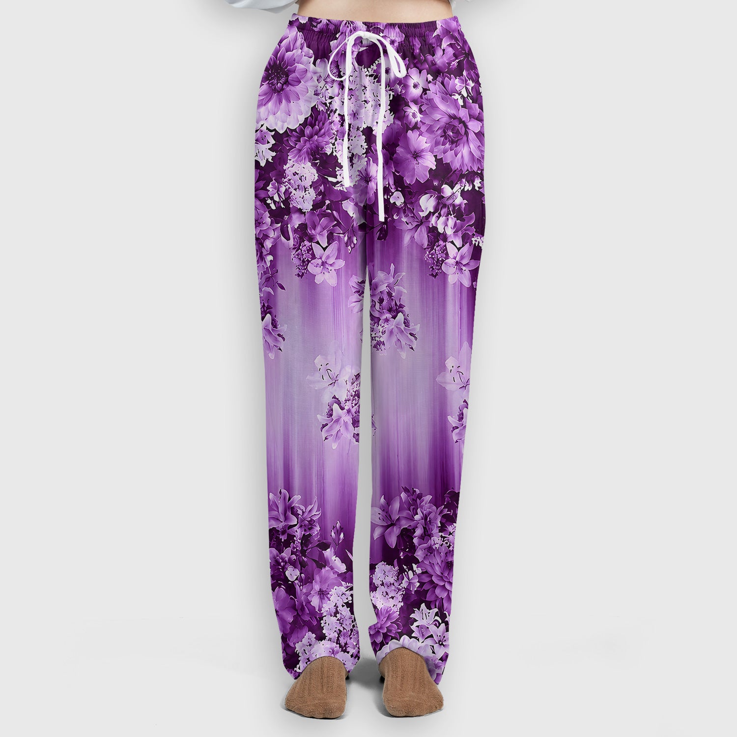 Purple Blossom Garden Pattern Scrub Set, Scrub Pants and V Neck Top