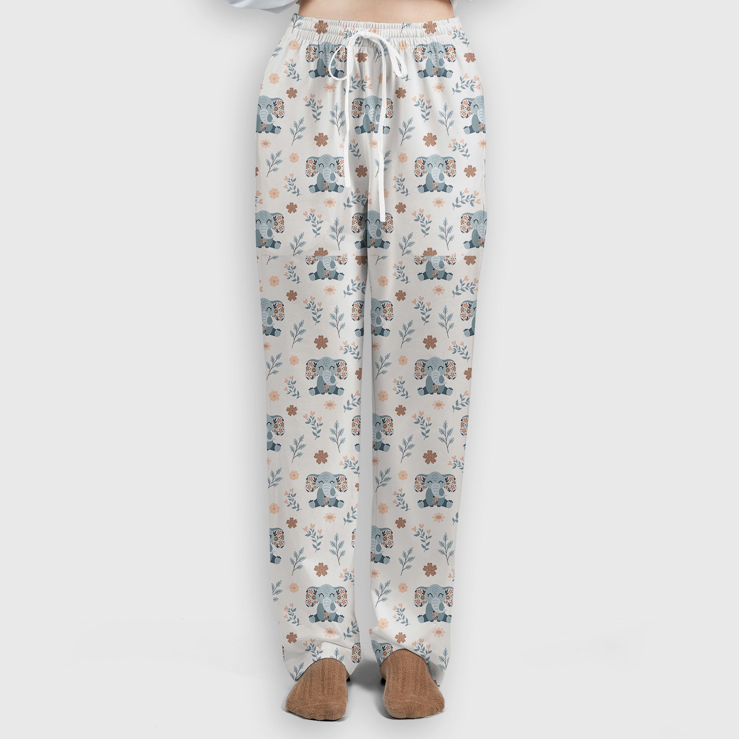 Cute Elephant Floral Print Scrub Set, Scrub Pants and V Neck Top