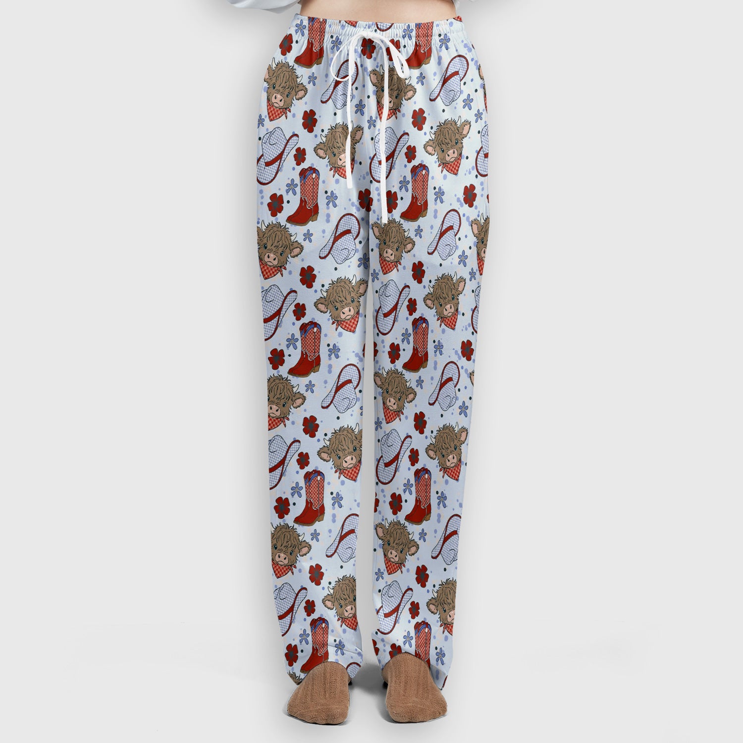 Cute Highland Cow Cowboy Boots Pattern Scrub Set, Scrub Pants and V Neck Top