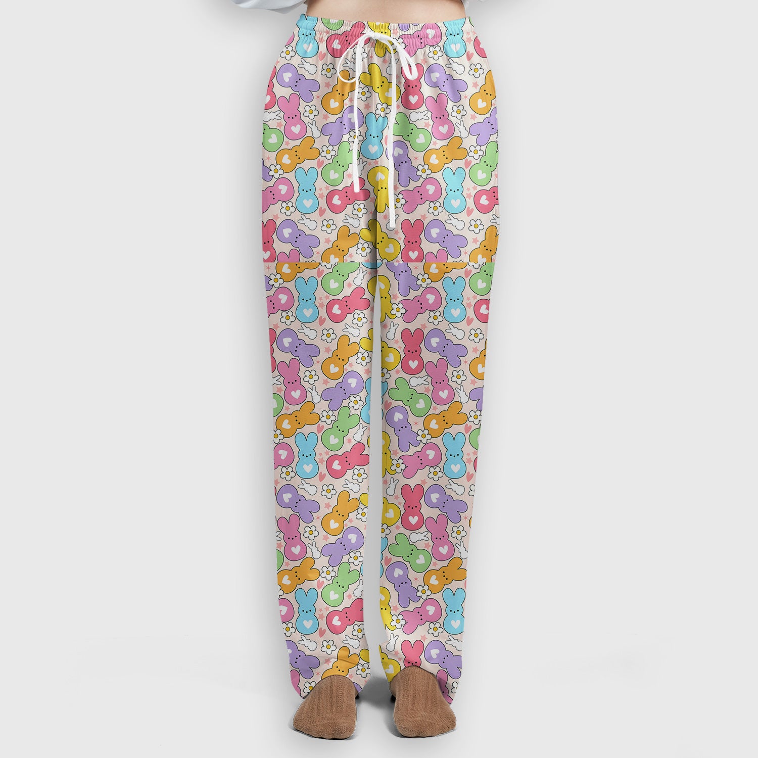 Sweet Pastel Bunny Daisy Pattern Scrub Sets, Scrub Pants and V Neck Top