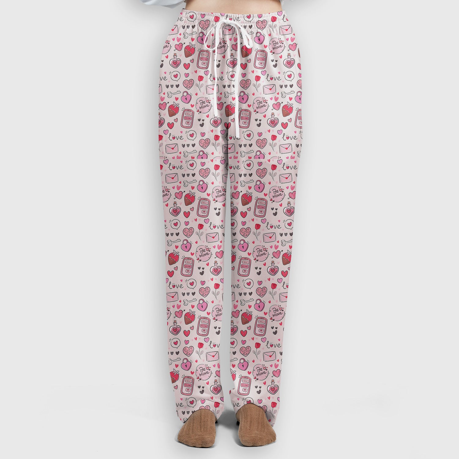 Be Mine Heart Pattern Pattern Scrub Set, Pink Valentine Pattern Nursing Uniform For Women