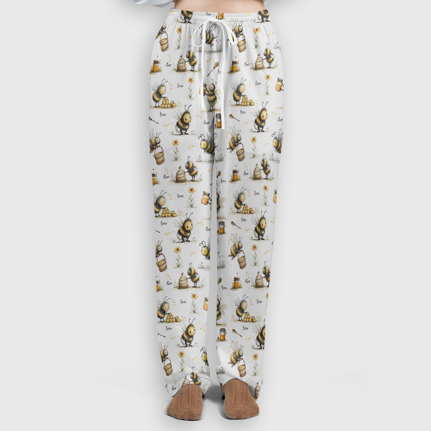 Cute Honey Bee Jar Garden Pattern Scrub Set, Scrub Pants and V Neck Top