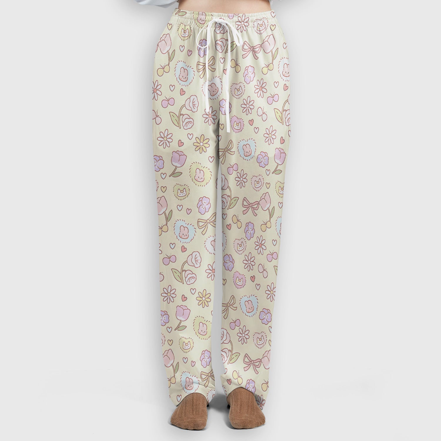 Pastel Bunny Flower Heart Pattern Nurse Scrub Set, Scrub Pants and V Neck Top