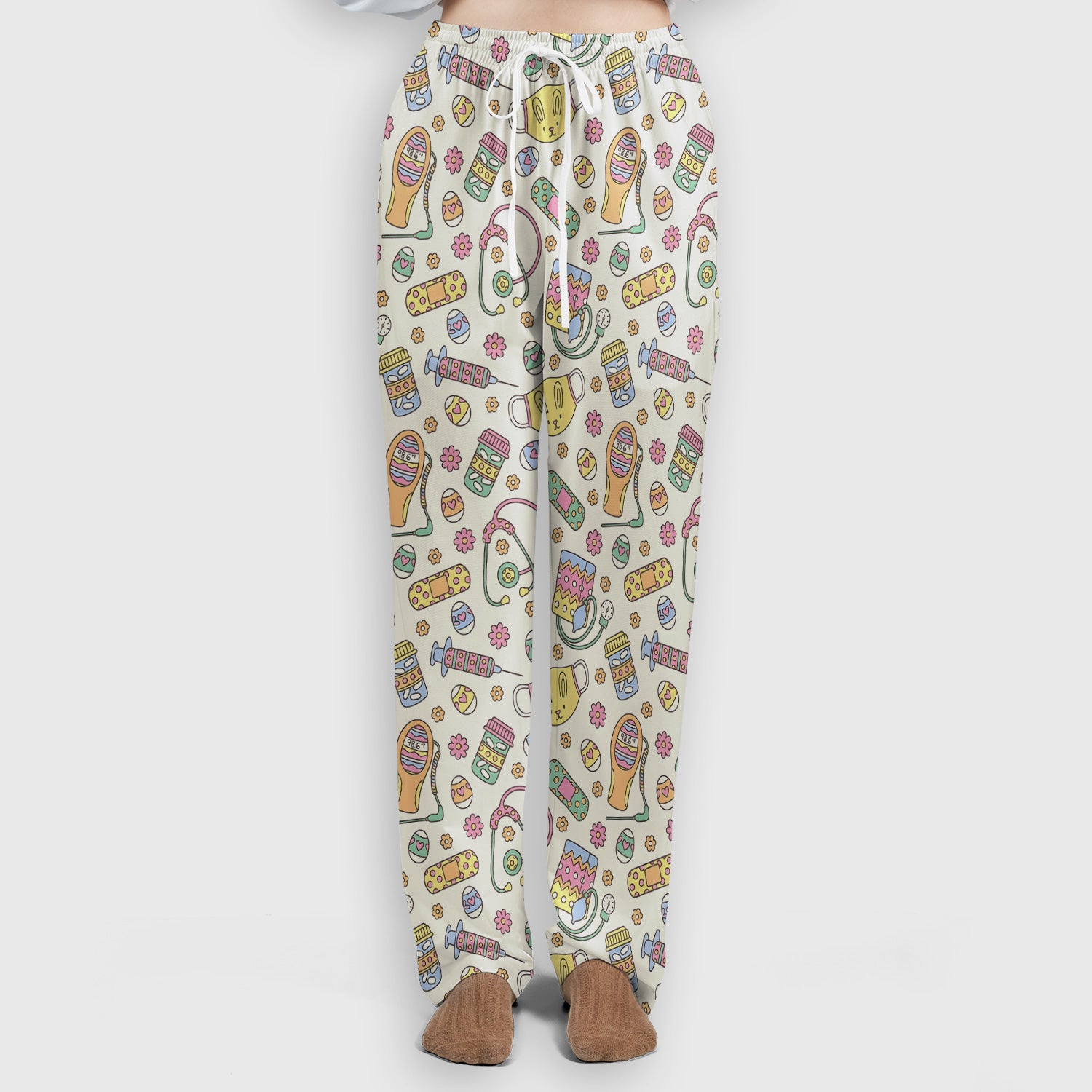 Easter Nurse Bunny Medical Pattern Scrub Set, Scrub Pants and V Neck Top