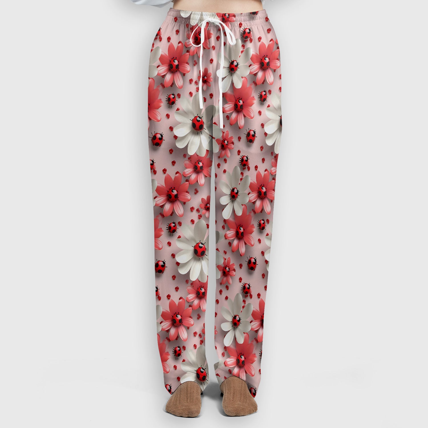 Red Ladybug Flower Pattern Scrub Set, Scrub Pants and V Neck Top