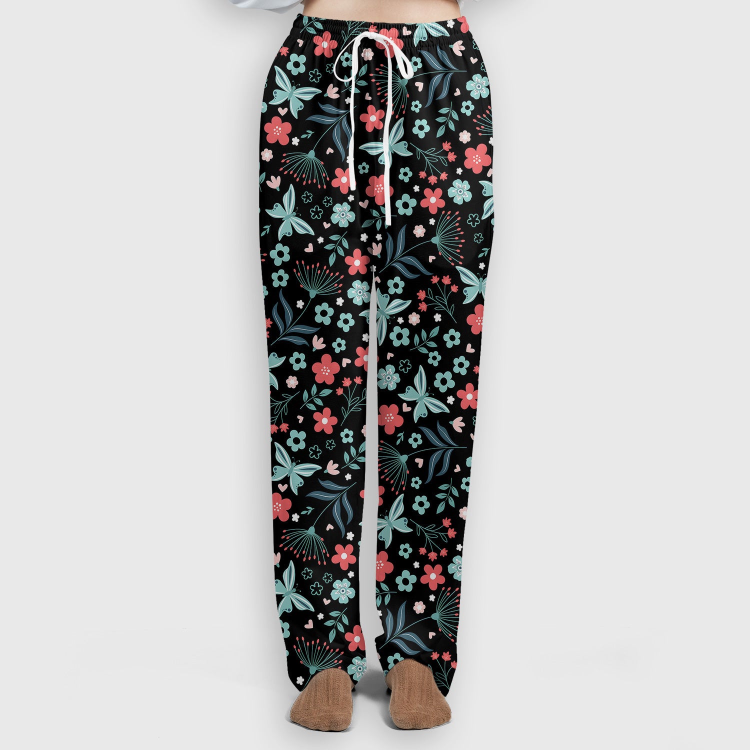 Cute Floral Butterfly Garden Print Scrub Set, Scrub Pants and V Neck Top