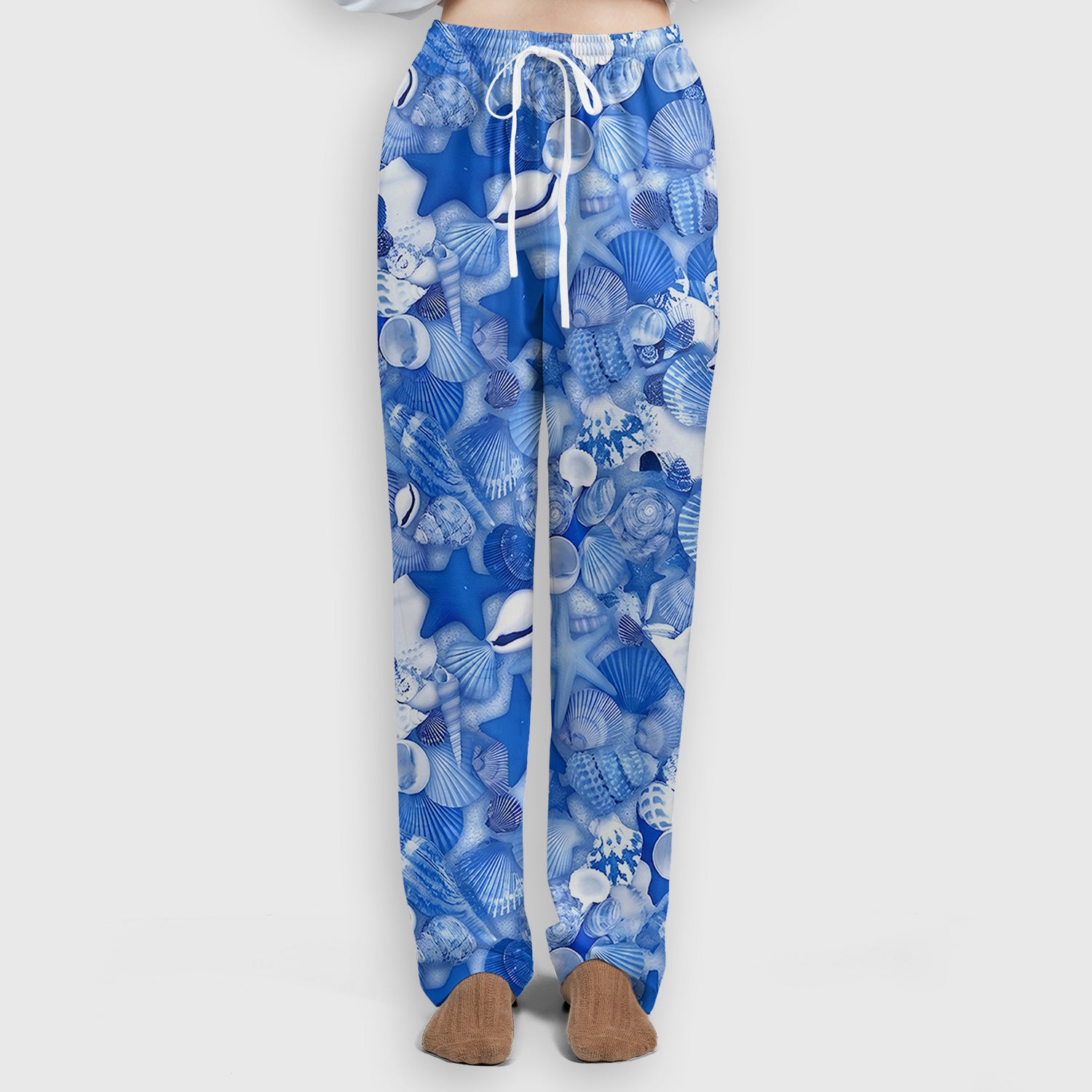 Blue Seashell Starfish Ocean Pattern Scrub Set, Scrub Pants and V Neck Top