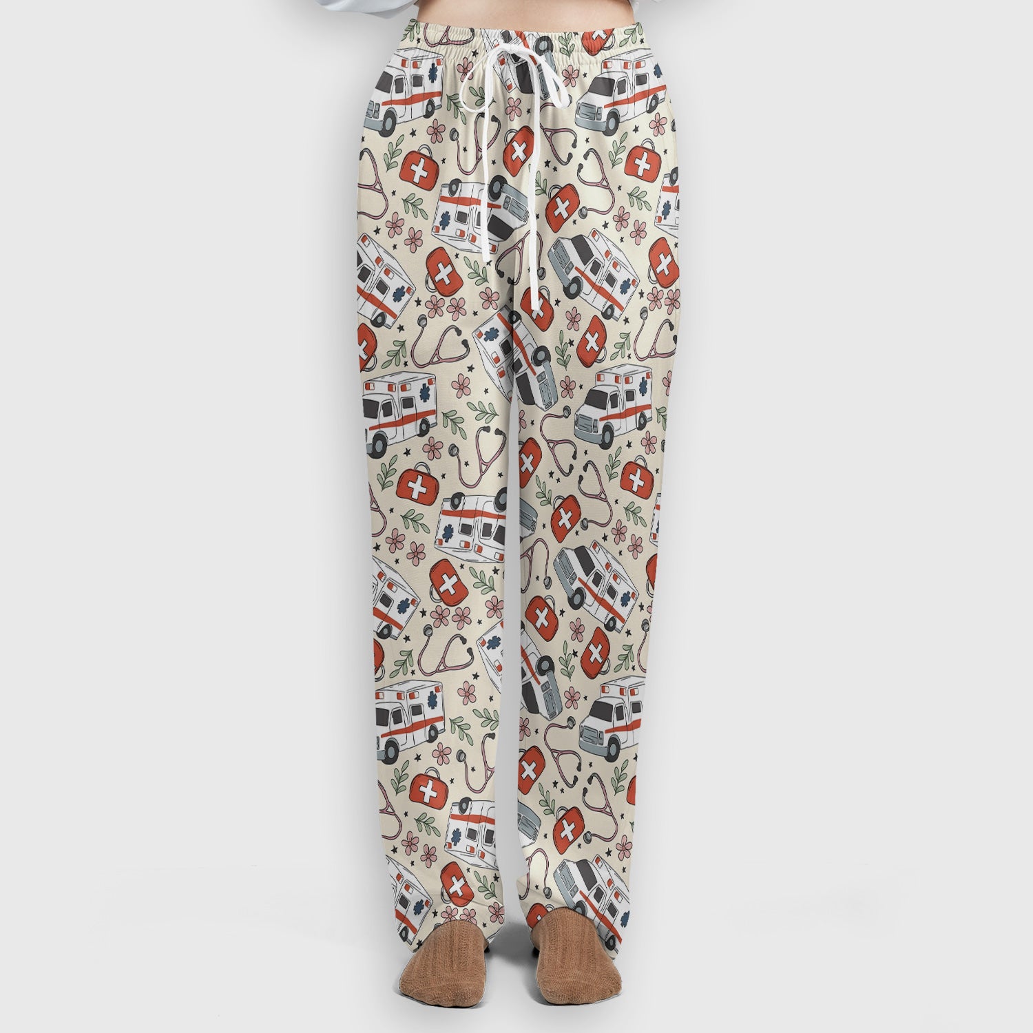 Ambulance Stethoscope First Aid Floral Pattern Scrub Set, Scrub Pants and V Neck Top