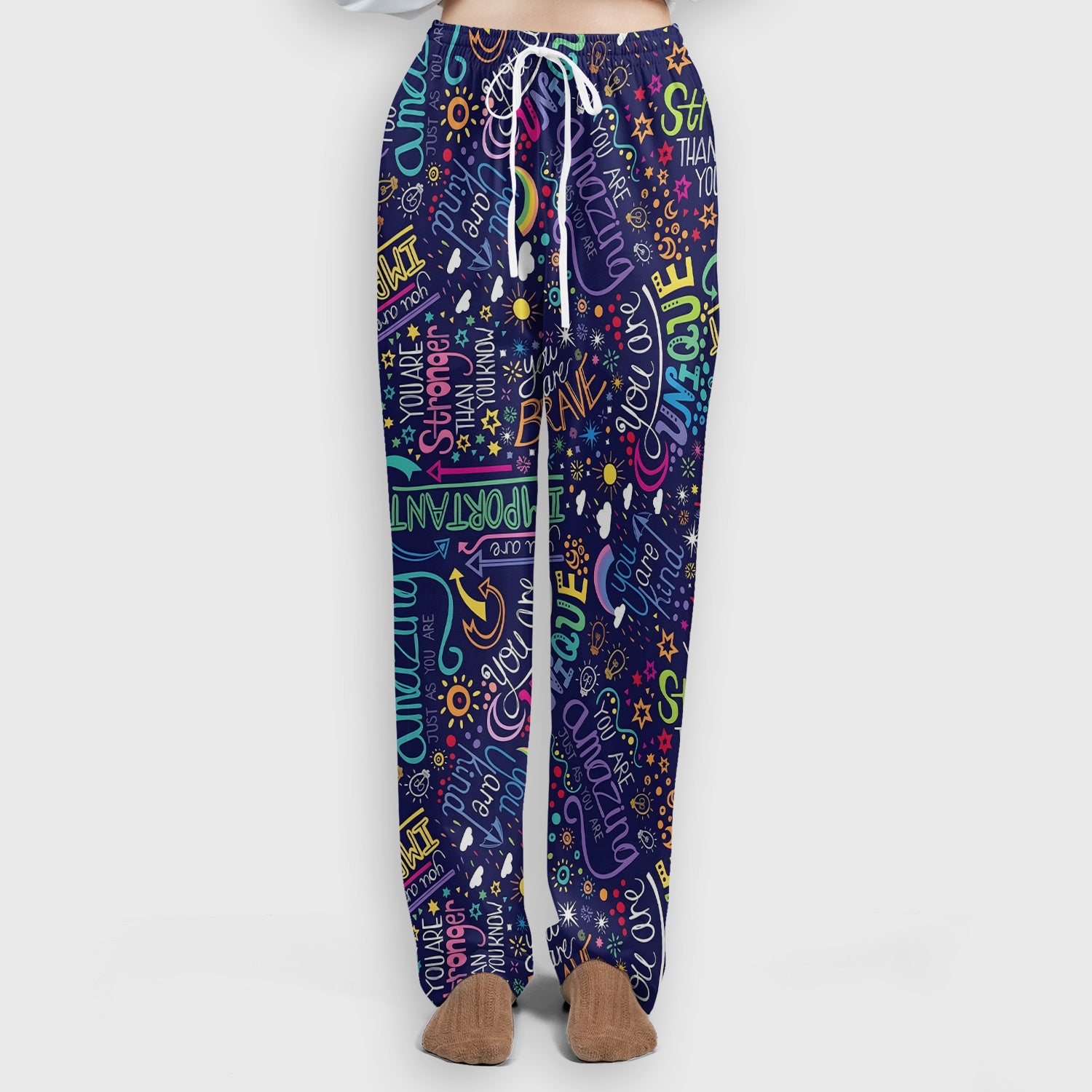 Inspirational Quote Pattern Scrub Set, Scrub Pants and V Neck Top